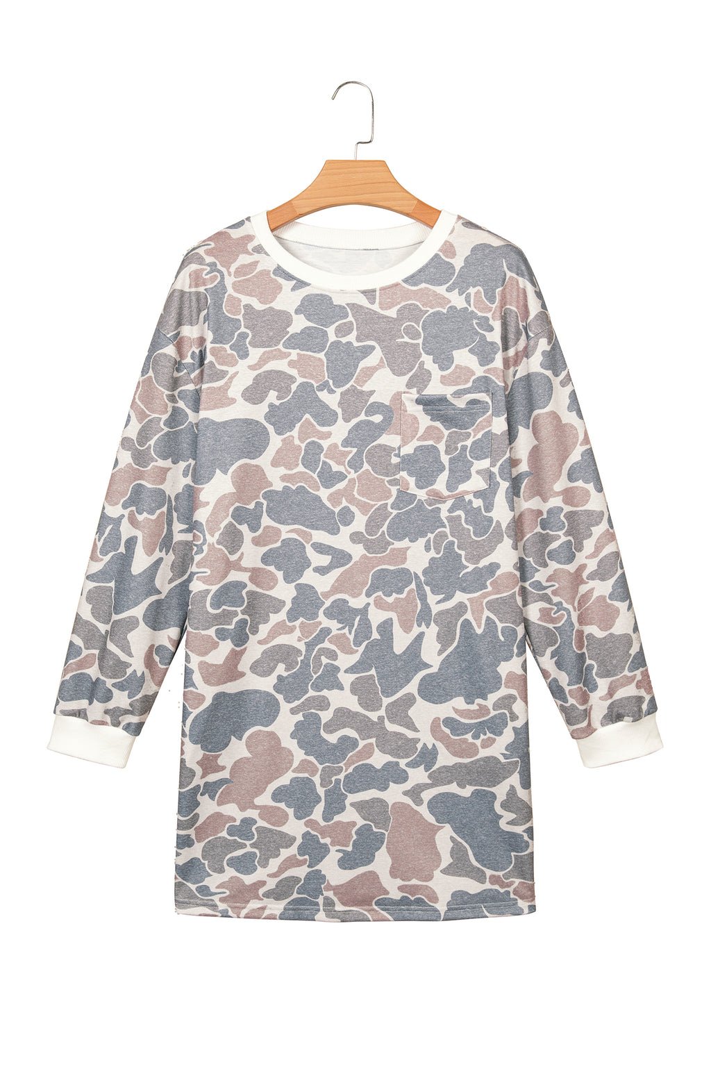 Beige Botanical Camo Print Long Sleeve Pocket Mini Dress