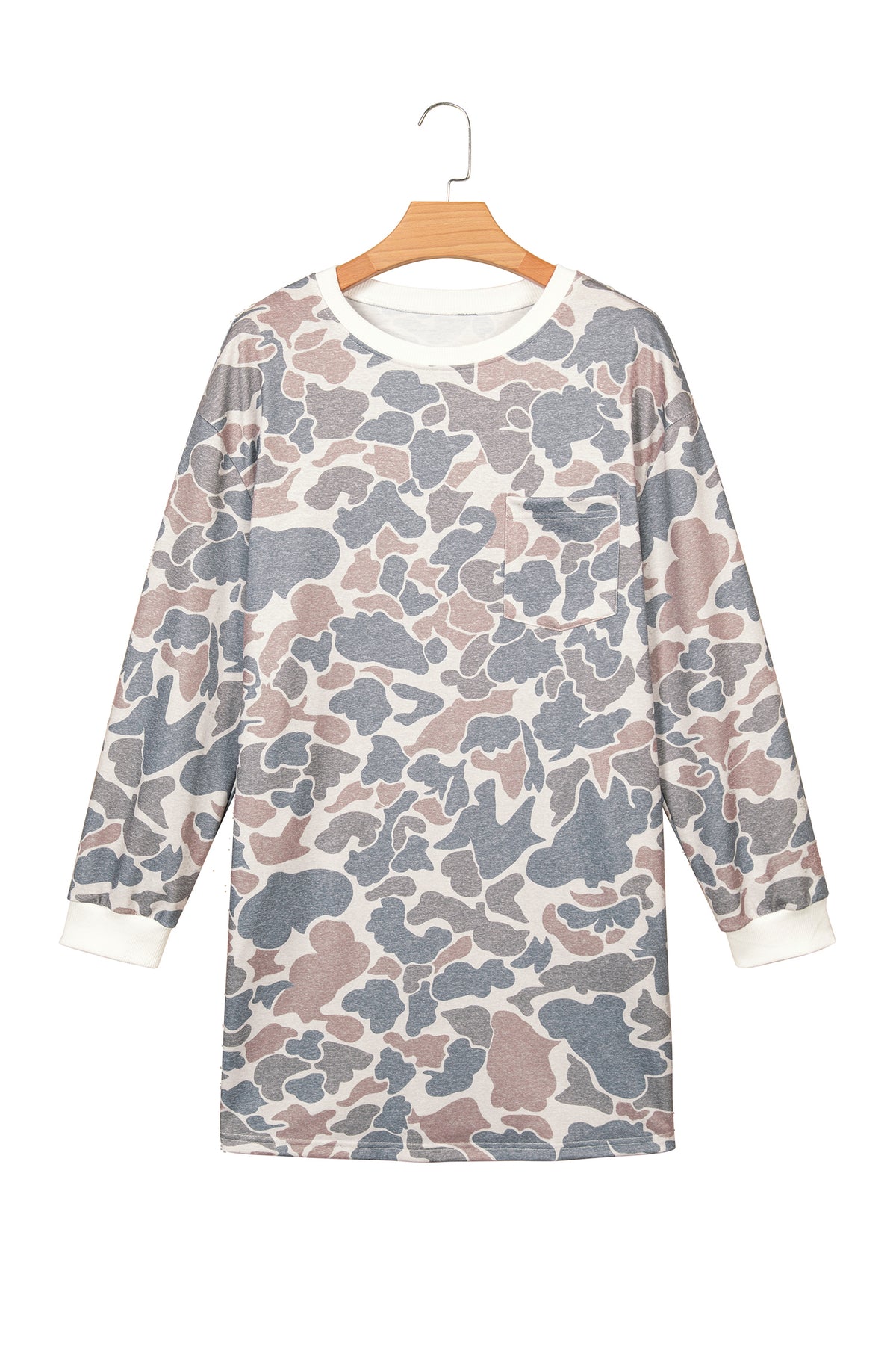 Beige Botanical Camo Print Long Sleeve Pocket Mini Dress