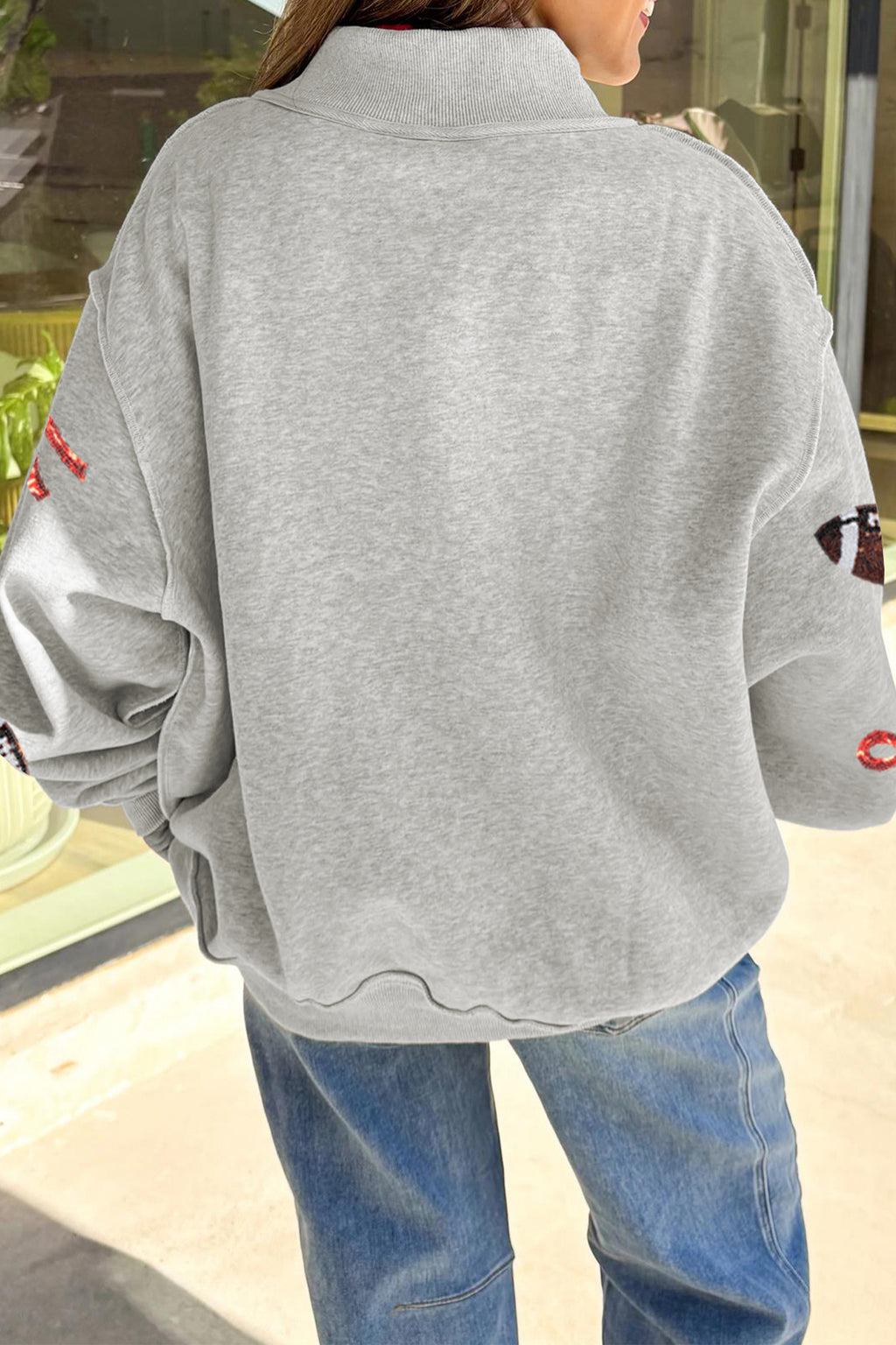 Light Grey Sequin Rugby Bow Graphic Mock Neck Relaxed Pullover Sweatshirt