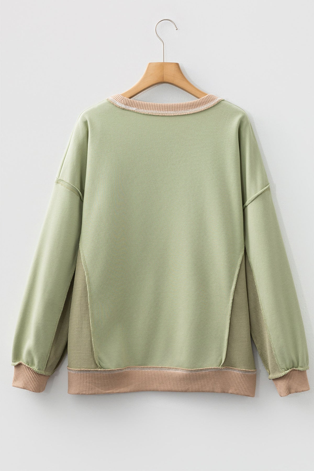 Smoke Green Sequin Bow Patchwork Waffle Colorblock Loose Sweatshirt