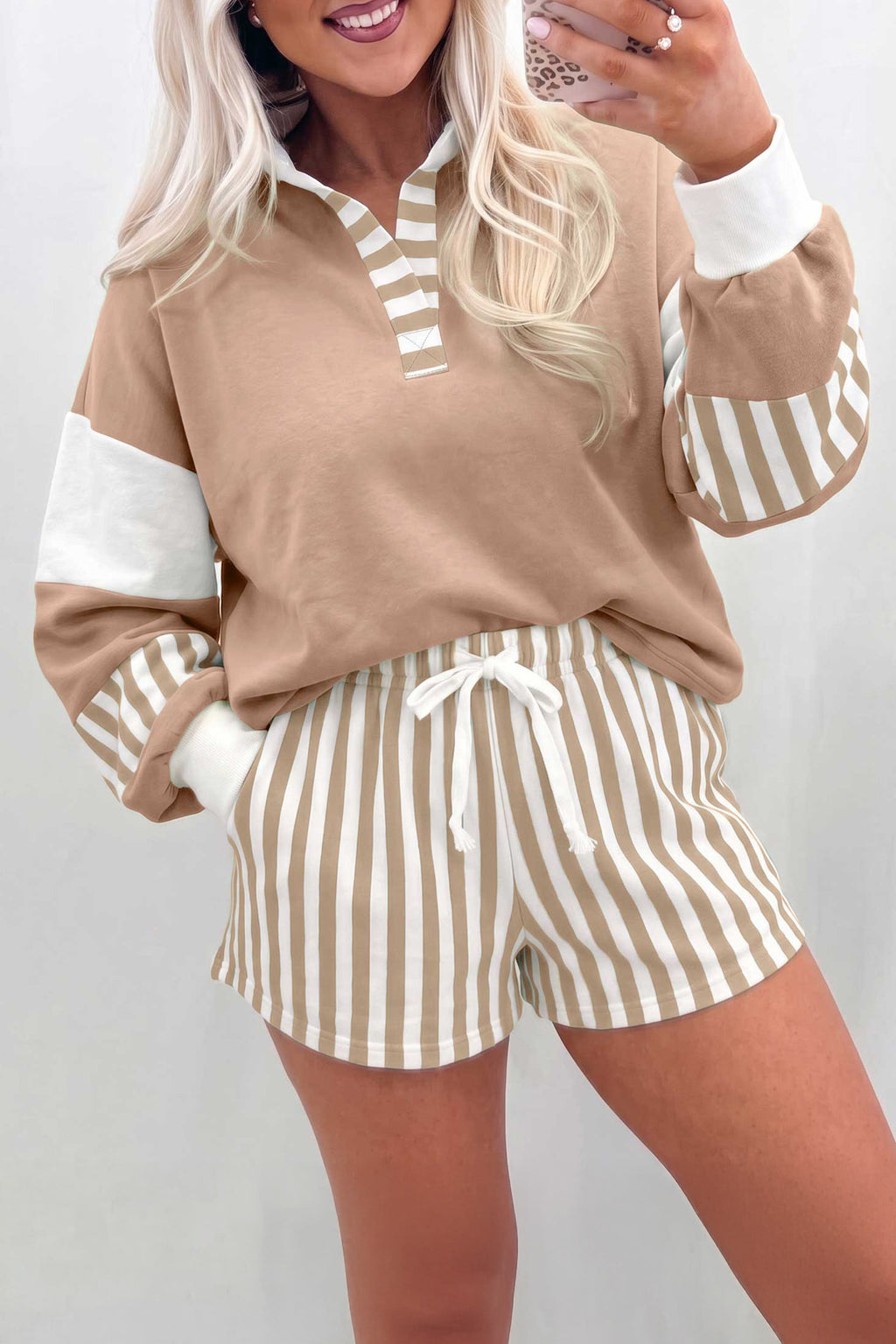 Smoke Green Striped Color Block Pullover Top Drawstring Shorts Set