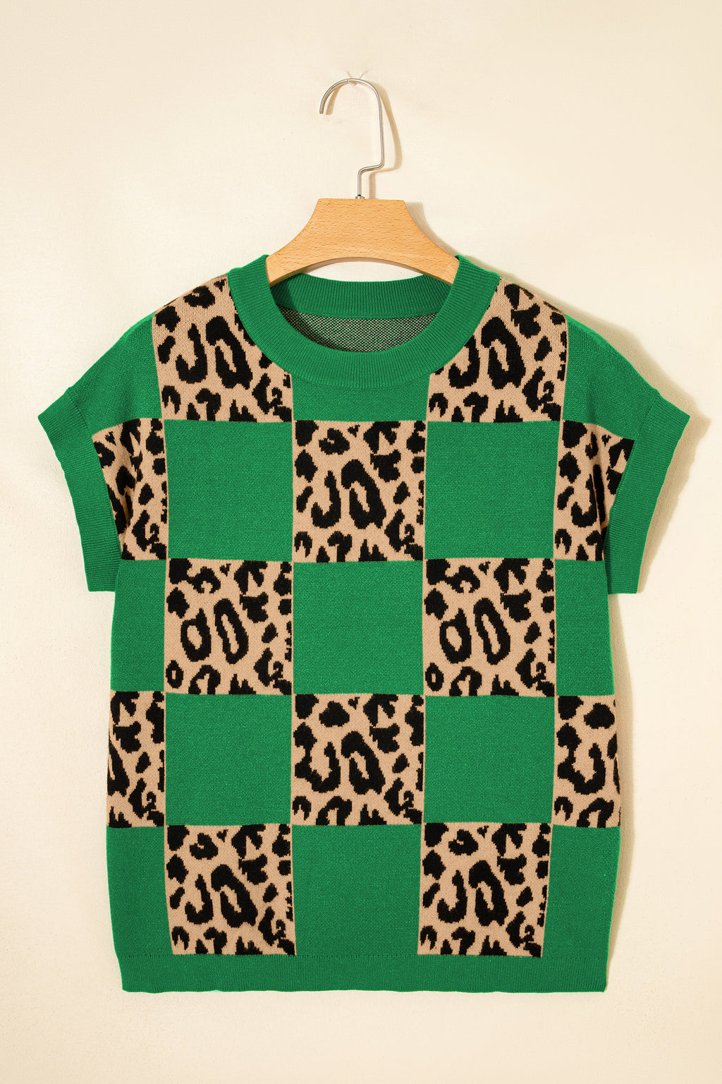 Rose Red Leopard Checkerboard Short Sleeve Knit Sweater