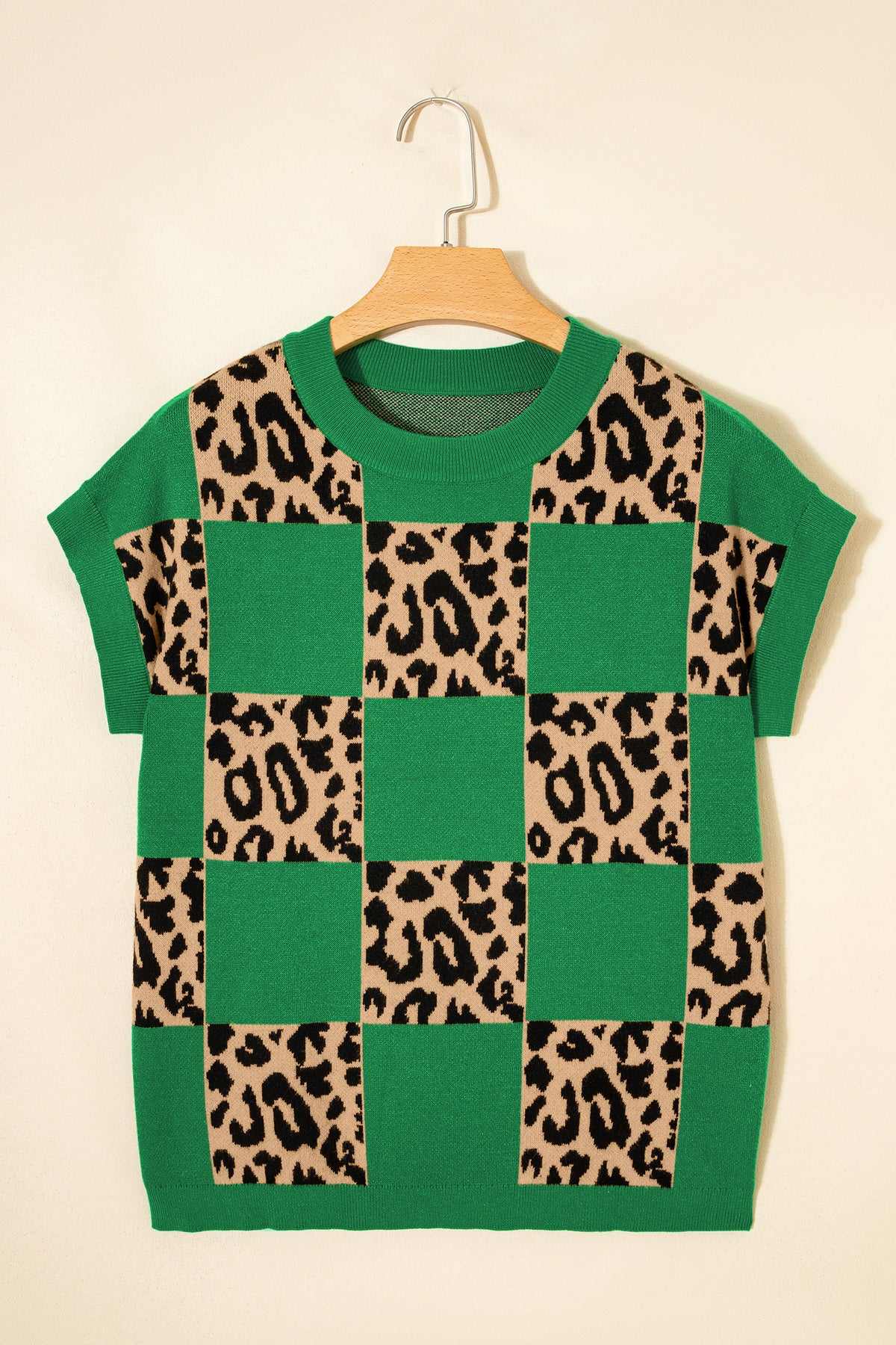 Rose Red Leopard Checkerboard Short Sleeve Knit Sweater