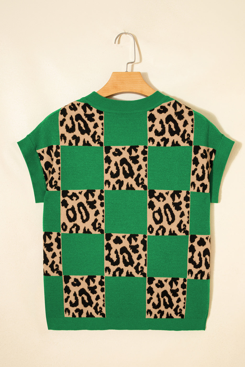 Rose Red Leopard Checkerboard Short Sleeve Knit Sweater