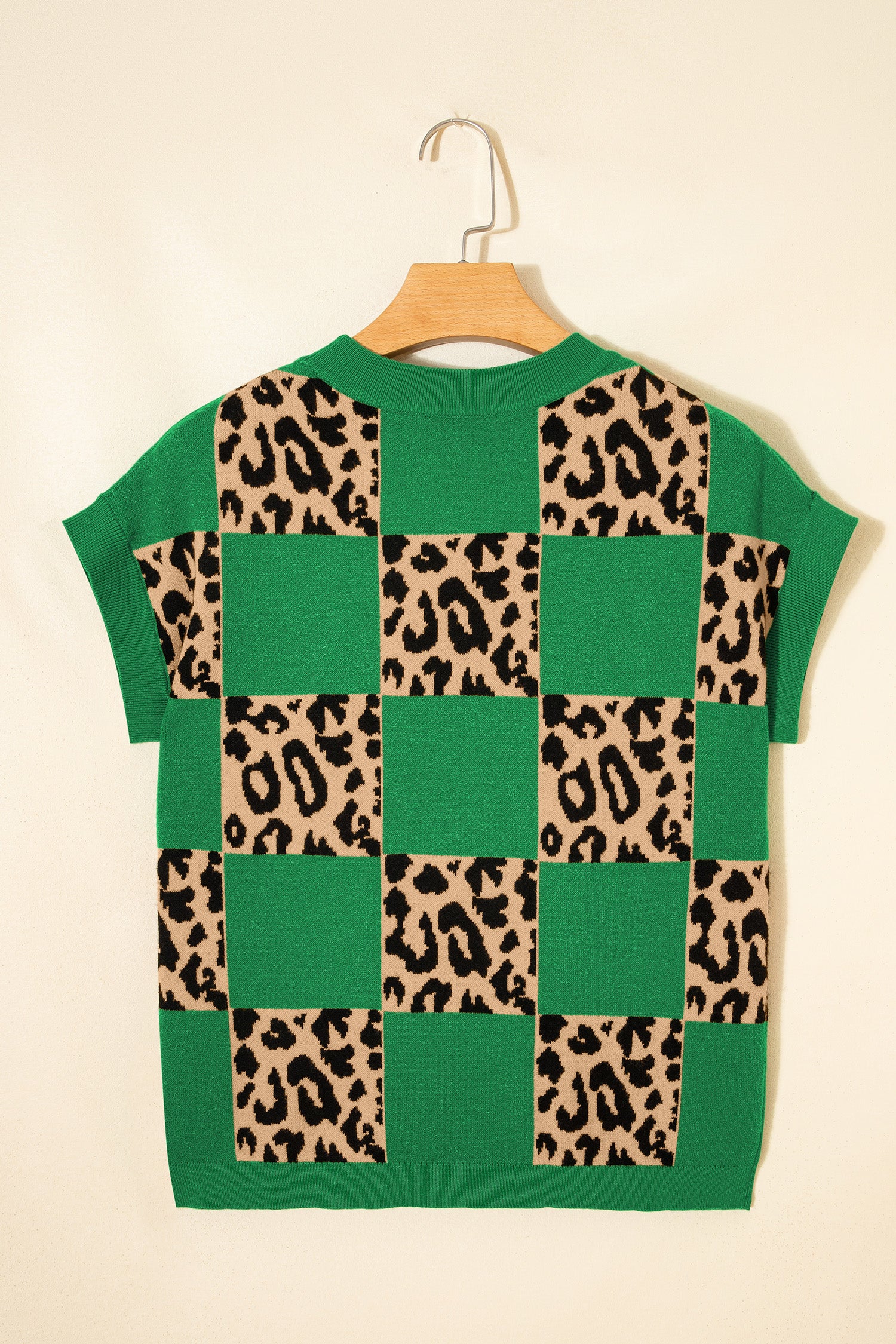 Rose Red Leopard Checkerboard Short Sleeve Knit Sweater