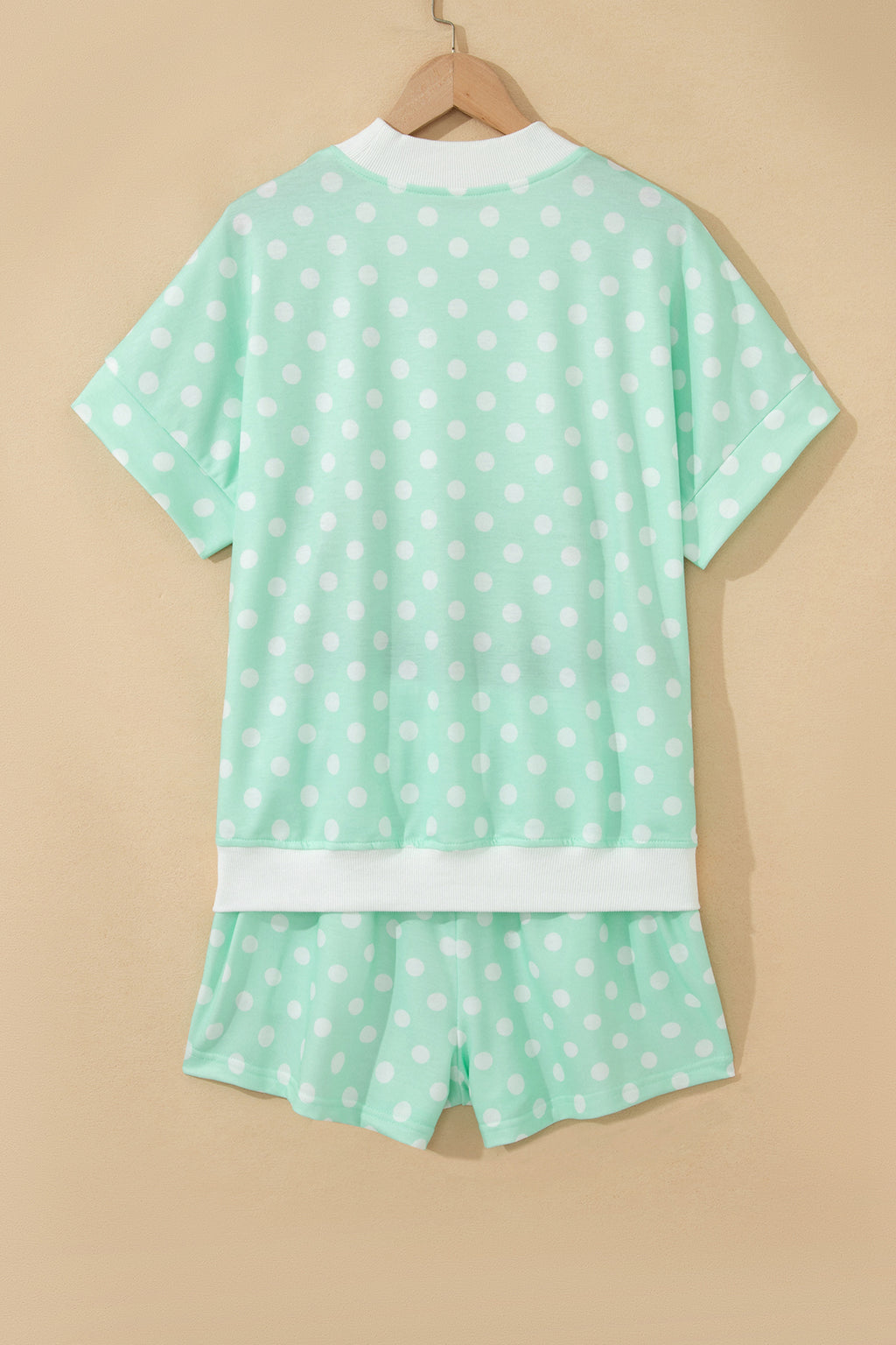 Pink Polka Dot Print Color Block Trim Mock Neck Short Set