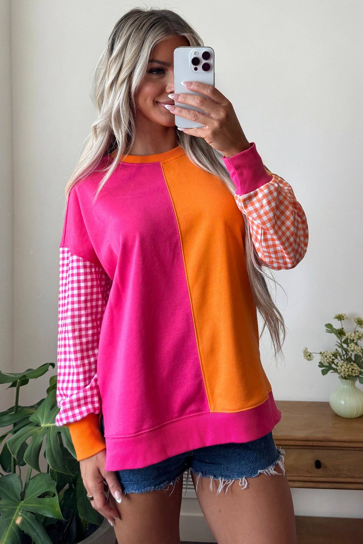 Light Blue Colorblock Gingham Sleeve Crewneck Sweatshirt