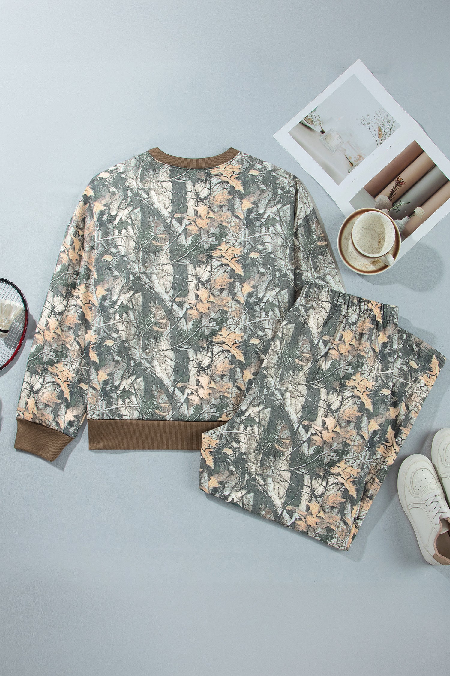 Brown Jungle Camouflage Print Ribbed Trim Long Sleeve Top Plus Size Pant Set