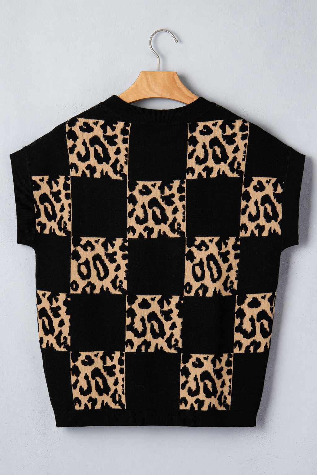 Rose Red Leopard Checkerboard Short Sleeve Knit Sweater