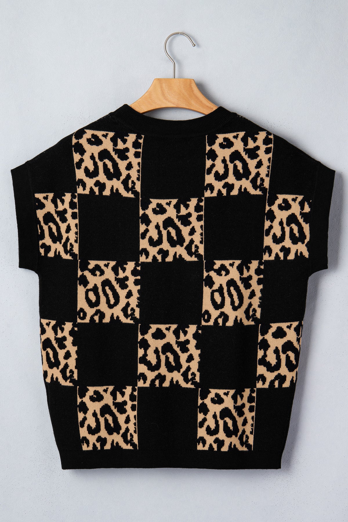 Rose Red Leopard Checkerboard Short Sleeve Knit Sweater