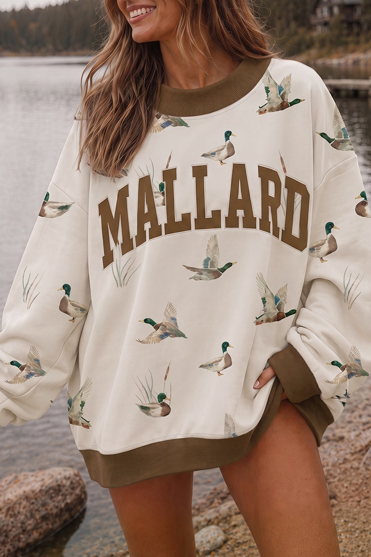Beige Western Mallard Letter Print Baggy Pullover Sweatshirt