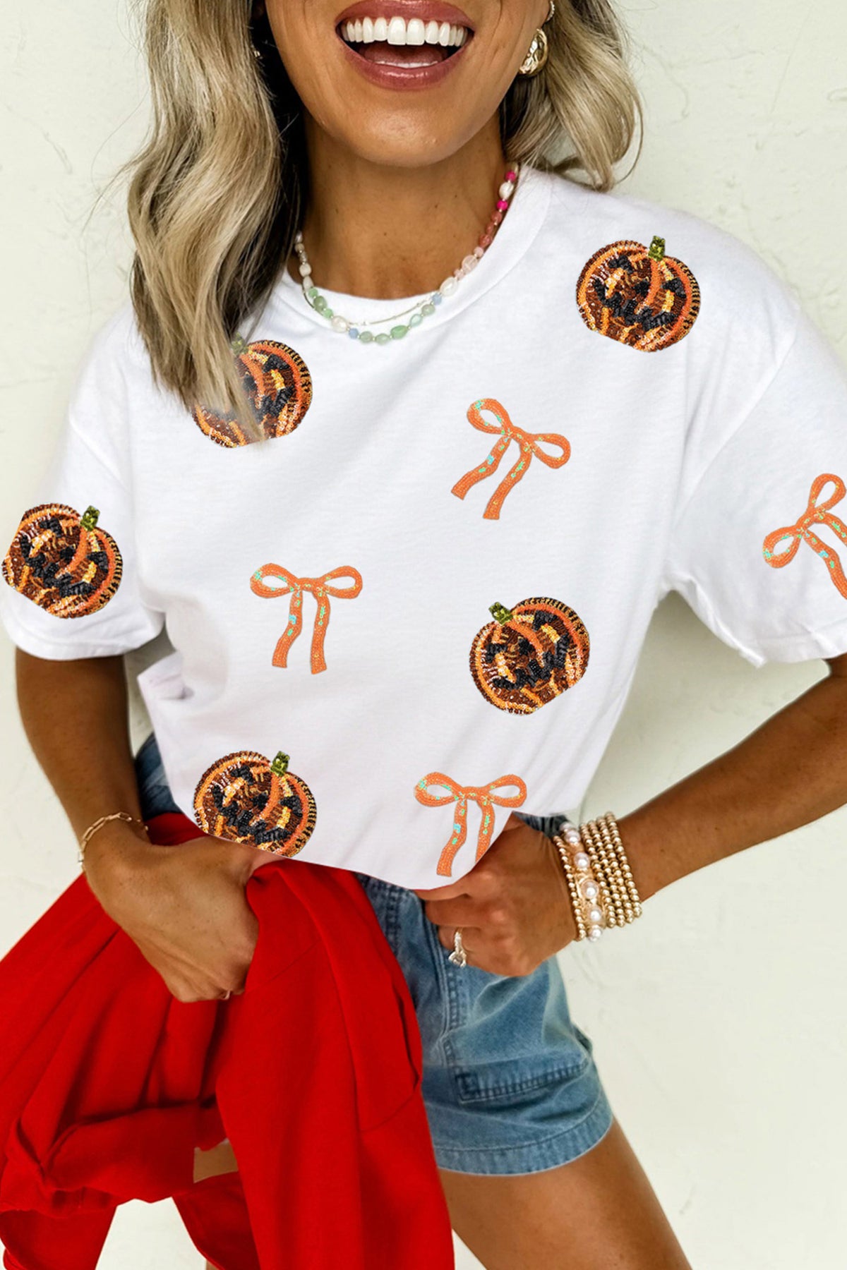White Sequin Pumpkin Face Bow Halloween Graphic T Shirt