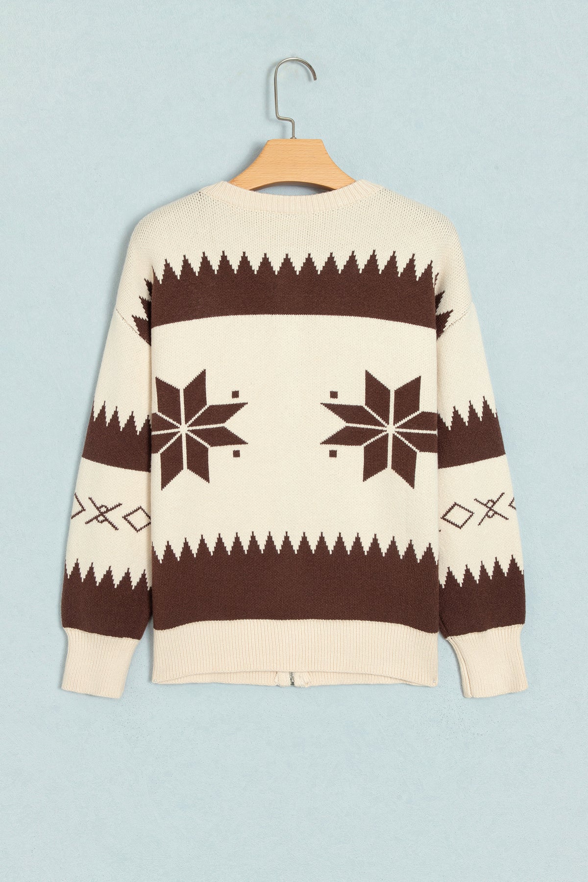 Beige Western Geometric Print Zip Front Loose Sweater Cardigan