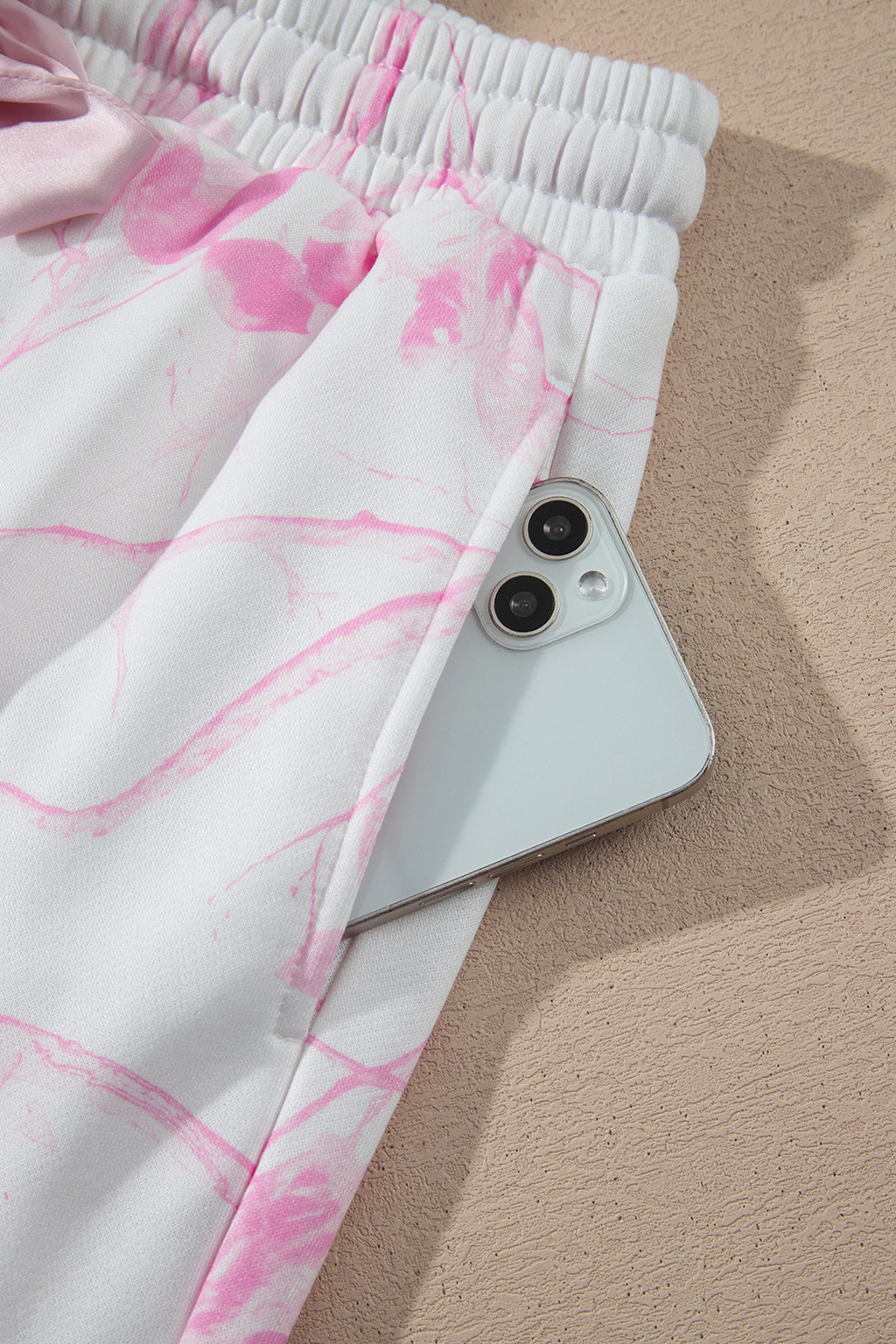 Pink Abstract Plant Print Long Sleeve V Neck Pant Set