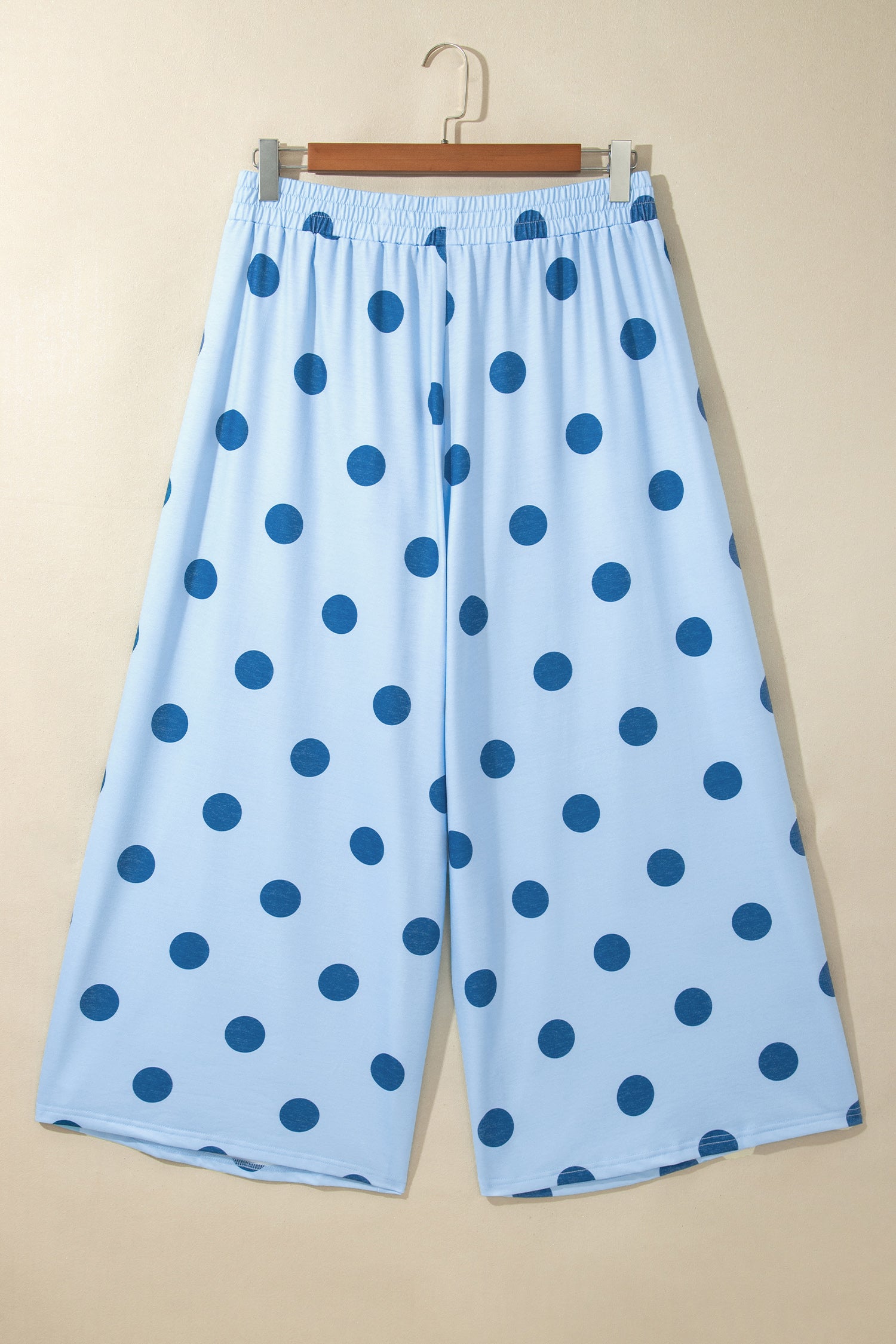 Sky Blue Polka Dot Elastic Waist Wide Leg Plus Size Pants
