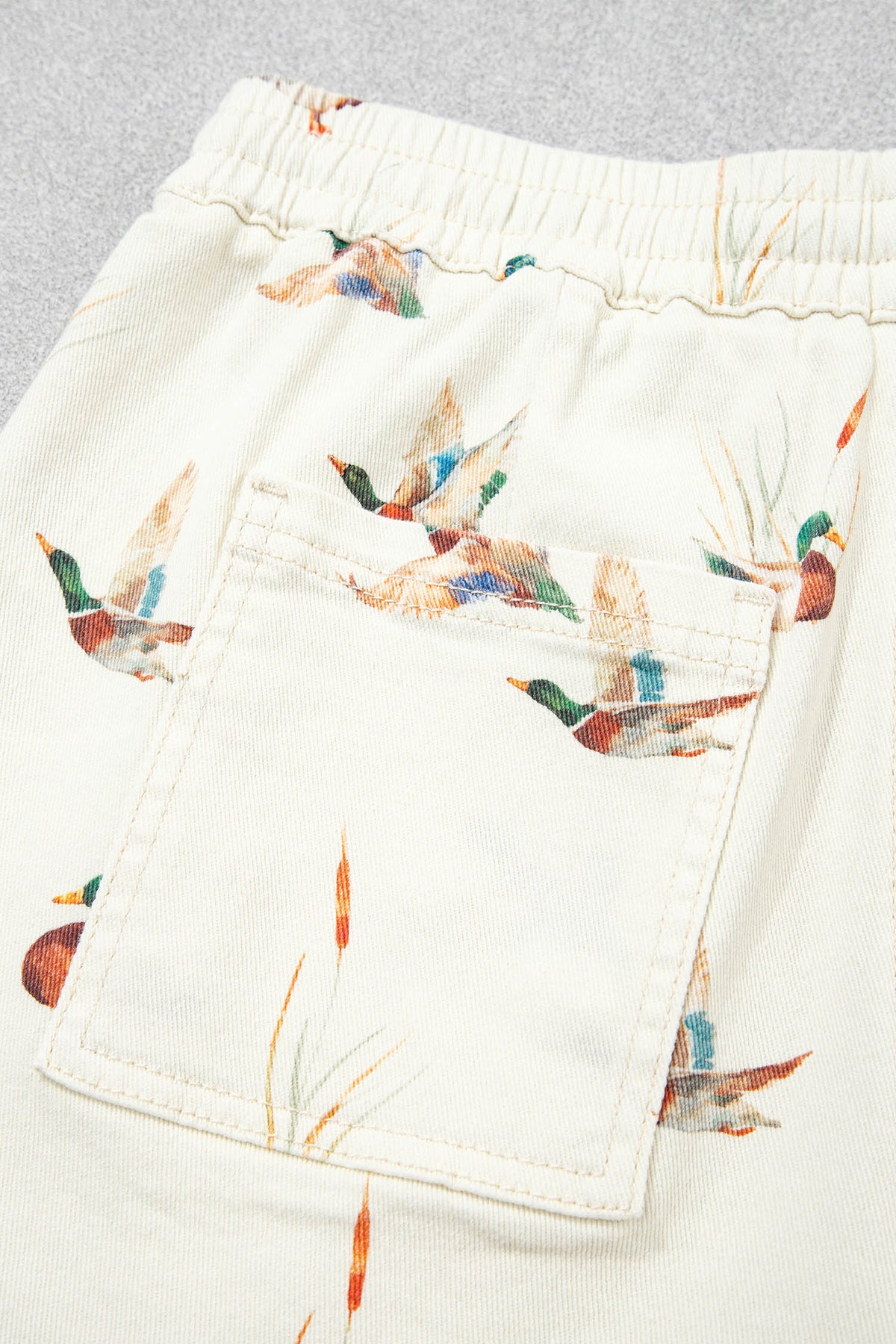 Beige Wild Duck Mallard Printed Drawstring Denim Shorts