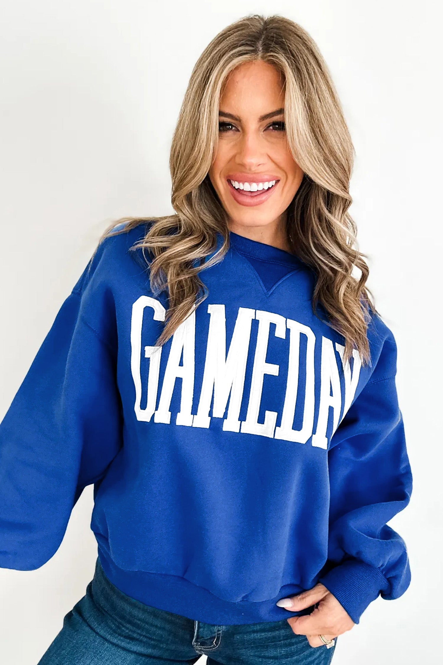Fiery Red GAMEDAY Embroidered Patch Pattern Casual Shift Sweatshirt