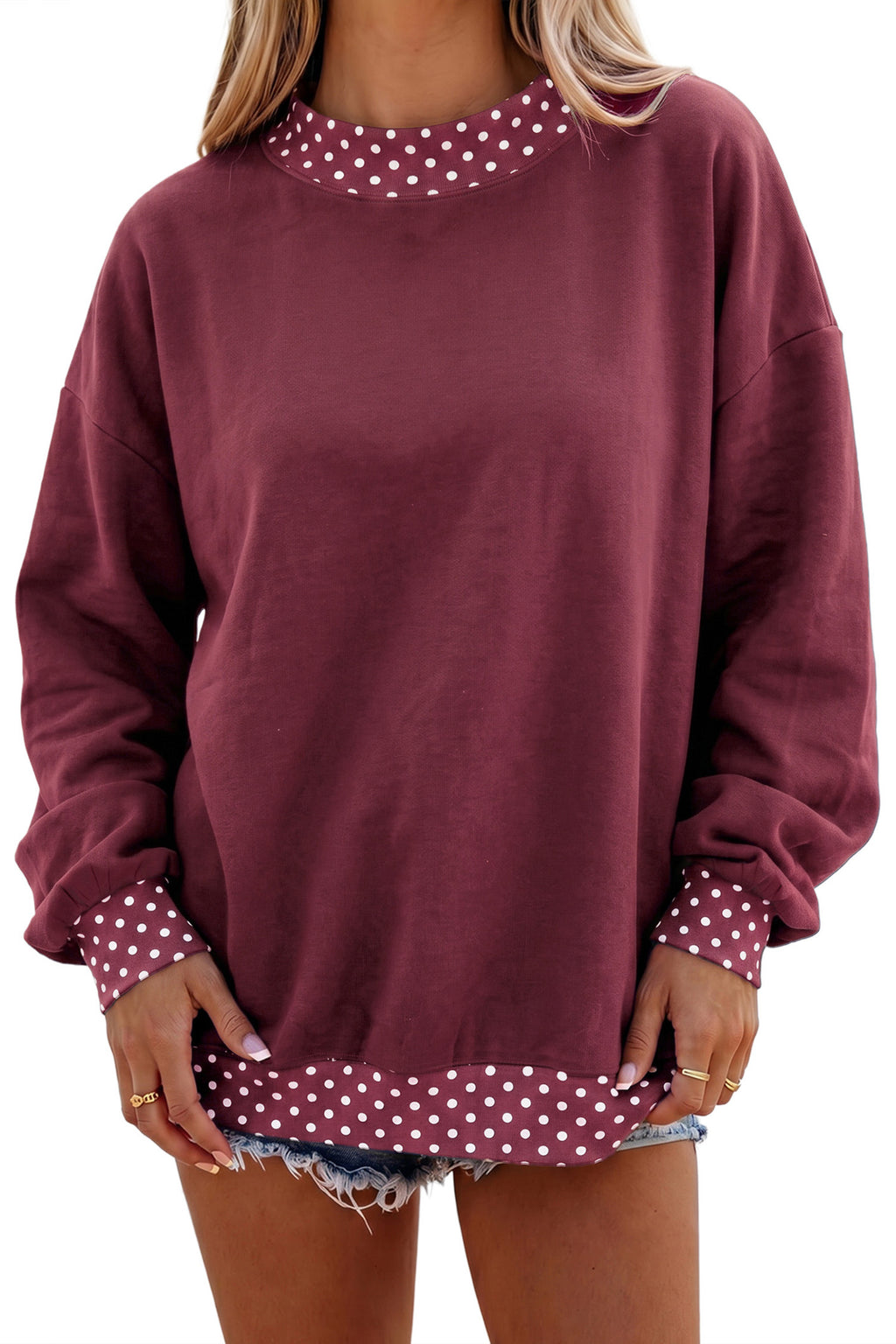 Orange Colorblock Polka Dot Contrast Trim Oversized Sweatshirt