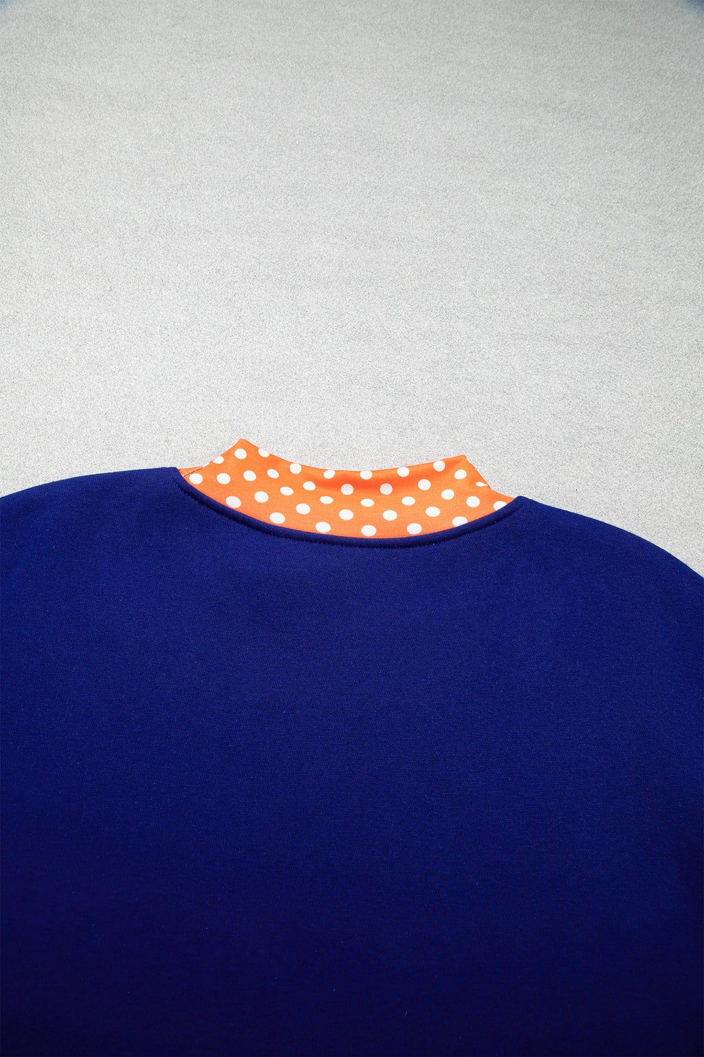 Grapefruit Orange Polka Dot Letter Print Contrast Trim Mock Neck Sweatshirt