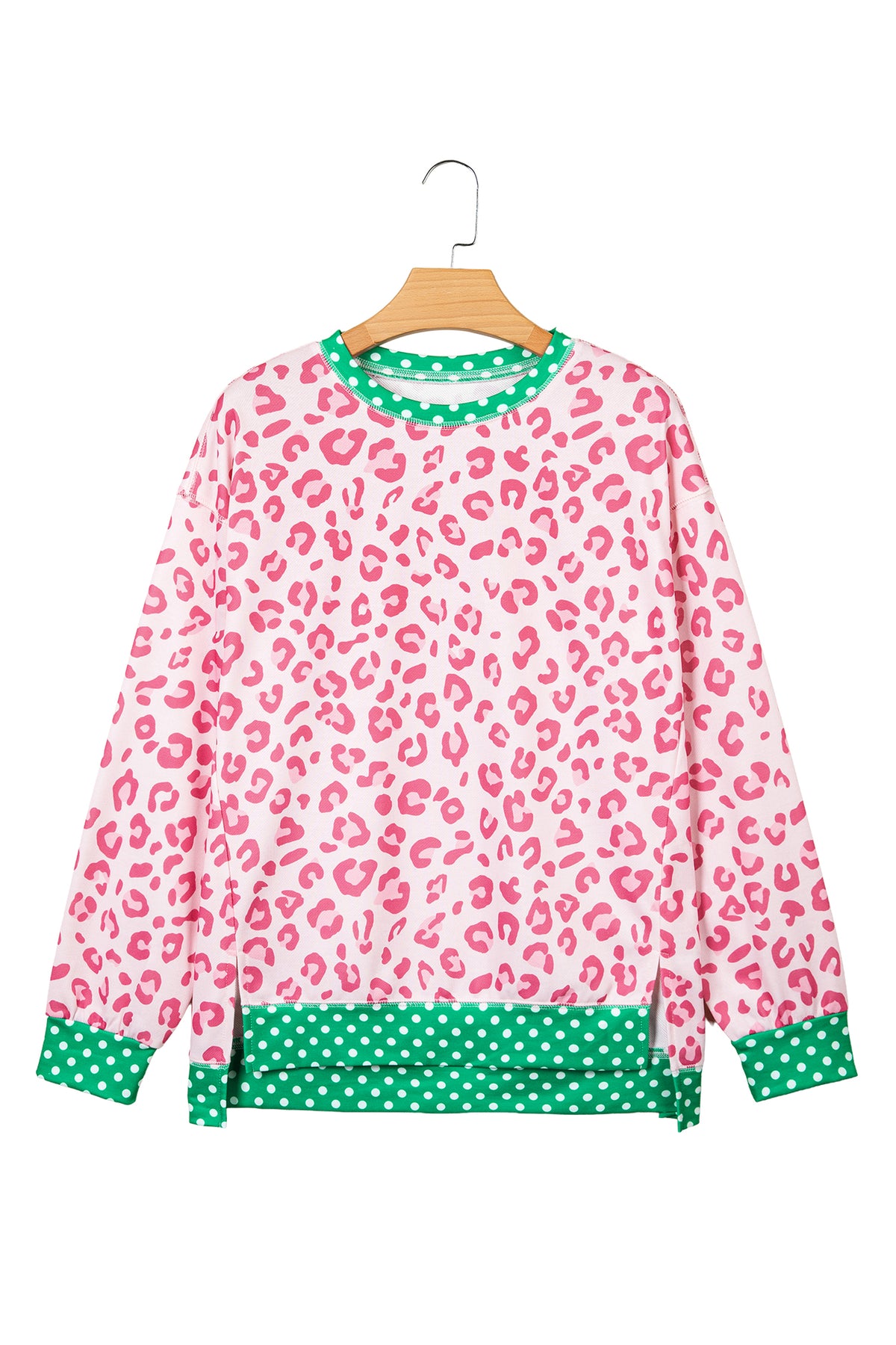 Pink Leopard Polka Dot Colorblock Trim Long Sleeve Top