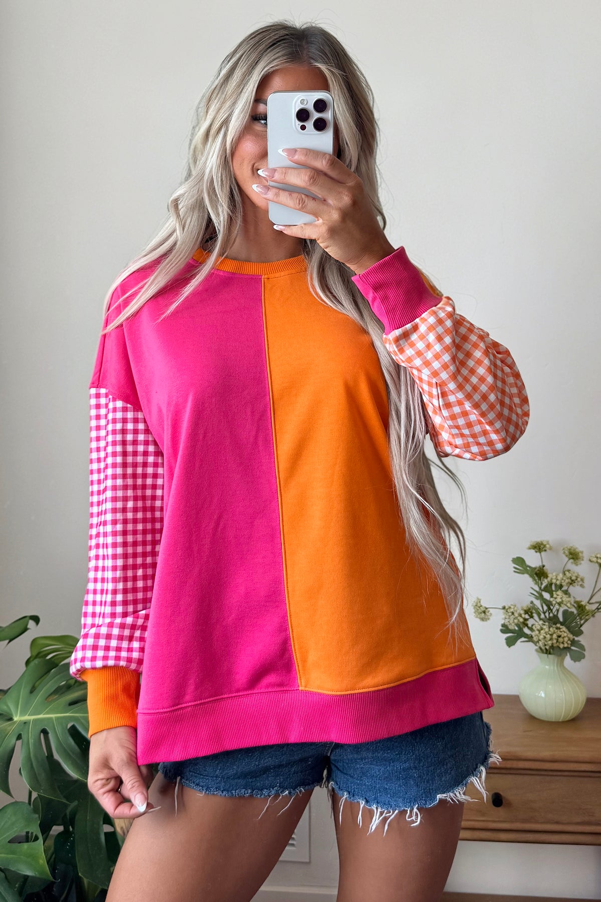 Light Blue Colorblock Gingham Sleeve Crewneck Sweatshirt