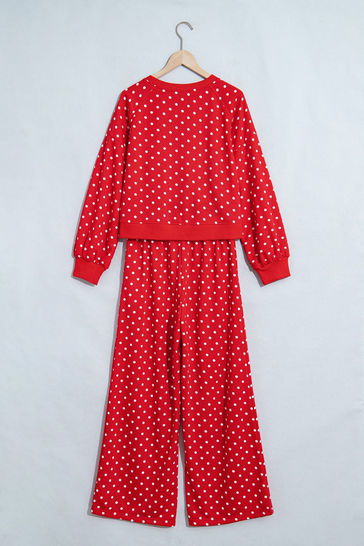 Brown Polka Dot Drawstring Wide Leg Long Sleeve Top Pant Set