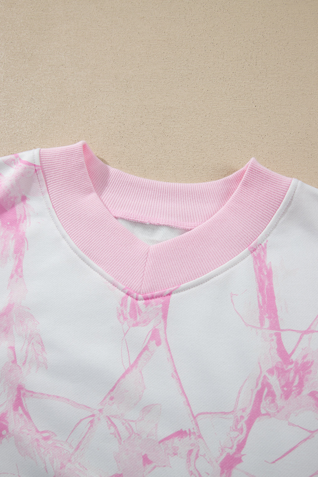 Pink Abstract Plant Print Long Sleeve V Neck Pant Set