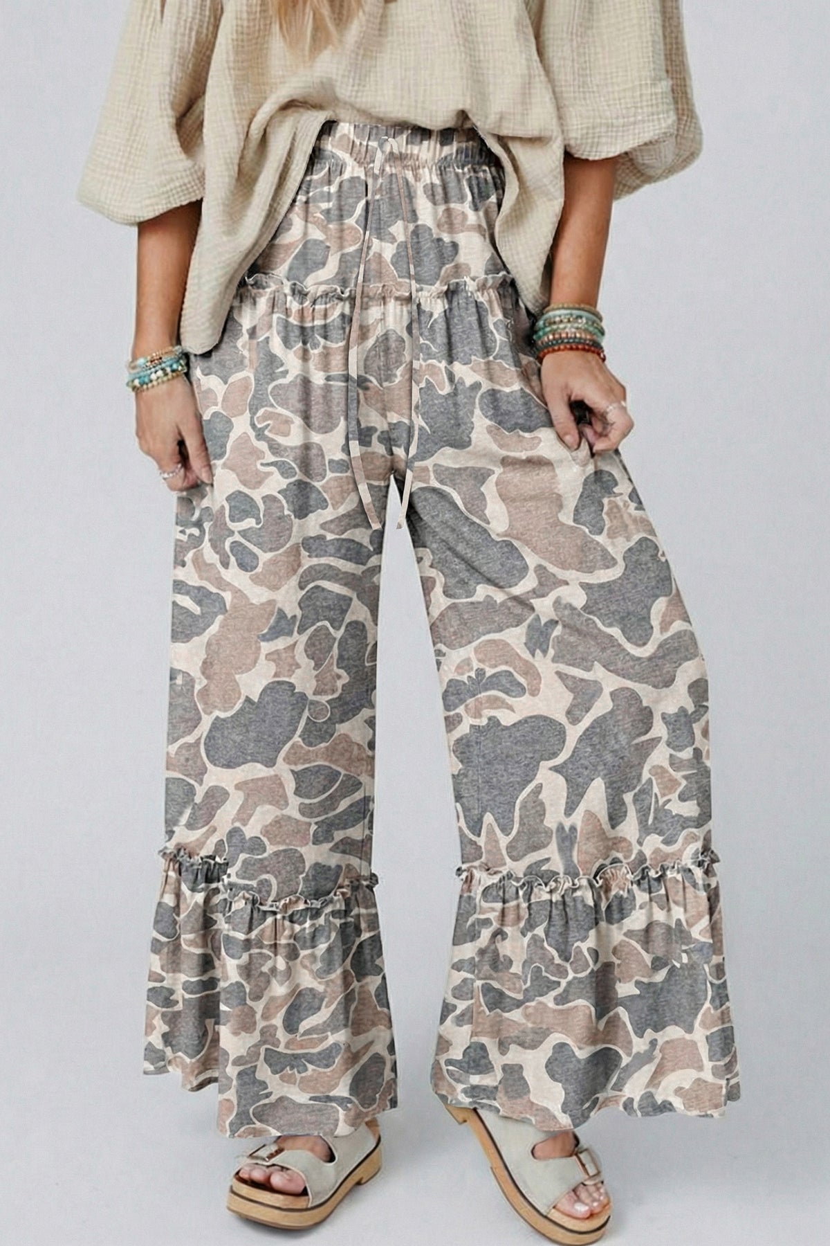 Beige Camo Print Wide Leg Casual Pants