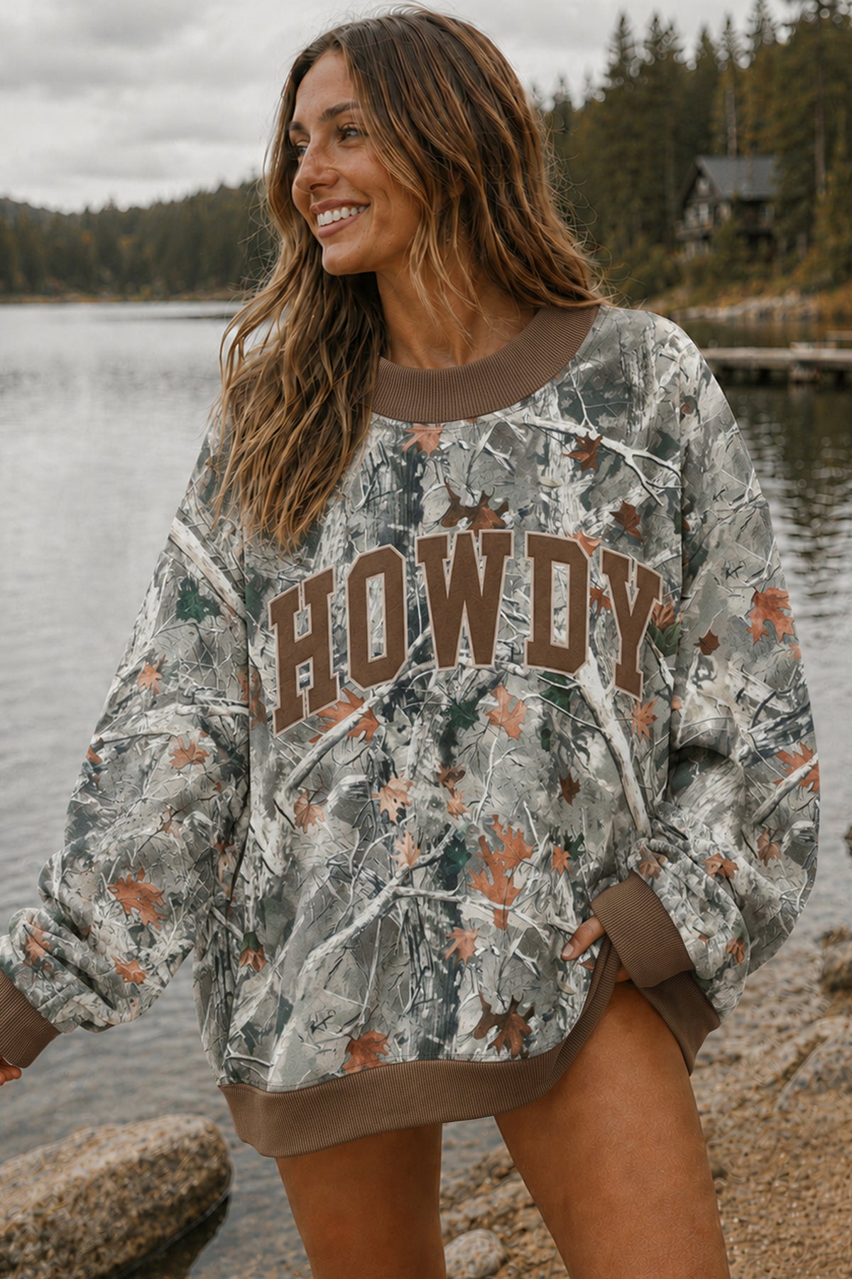 Beige Western Mallard Letter Print Baggy Pullover Sweatshirt