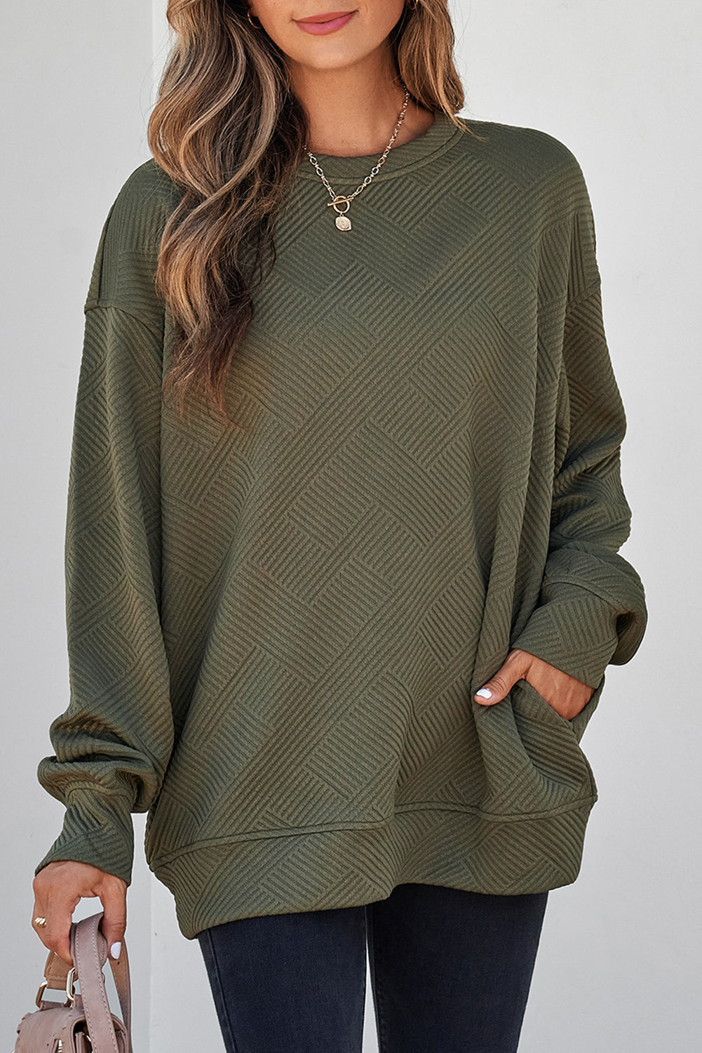 Parchment Solid Color Textured Round Neck Drop Shoulder Pullover Sweatshirt