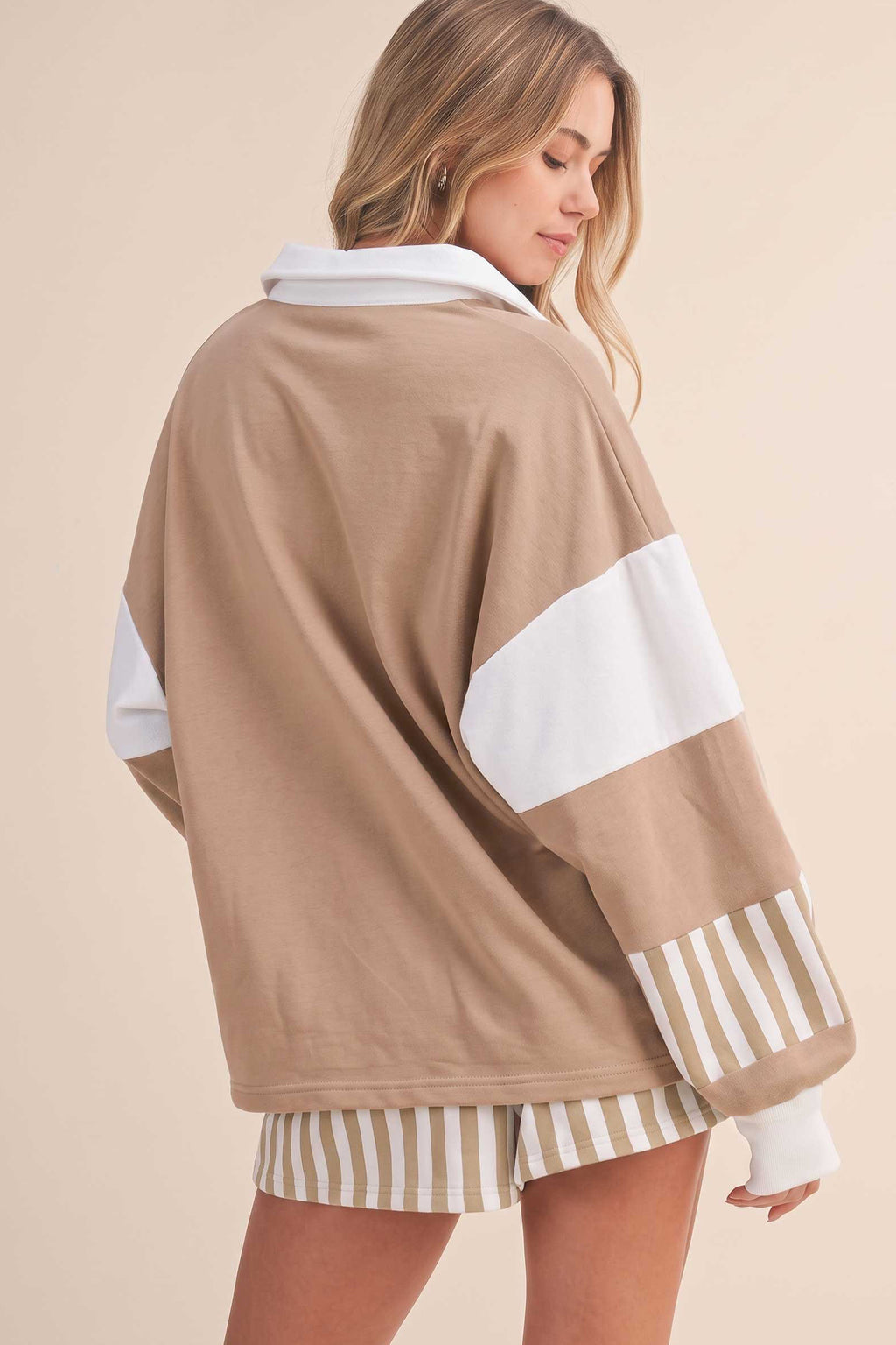 Smoke Green Striped Color Block Pullover Top Drawstring Shorts Set