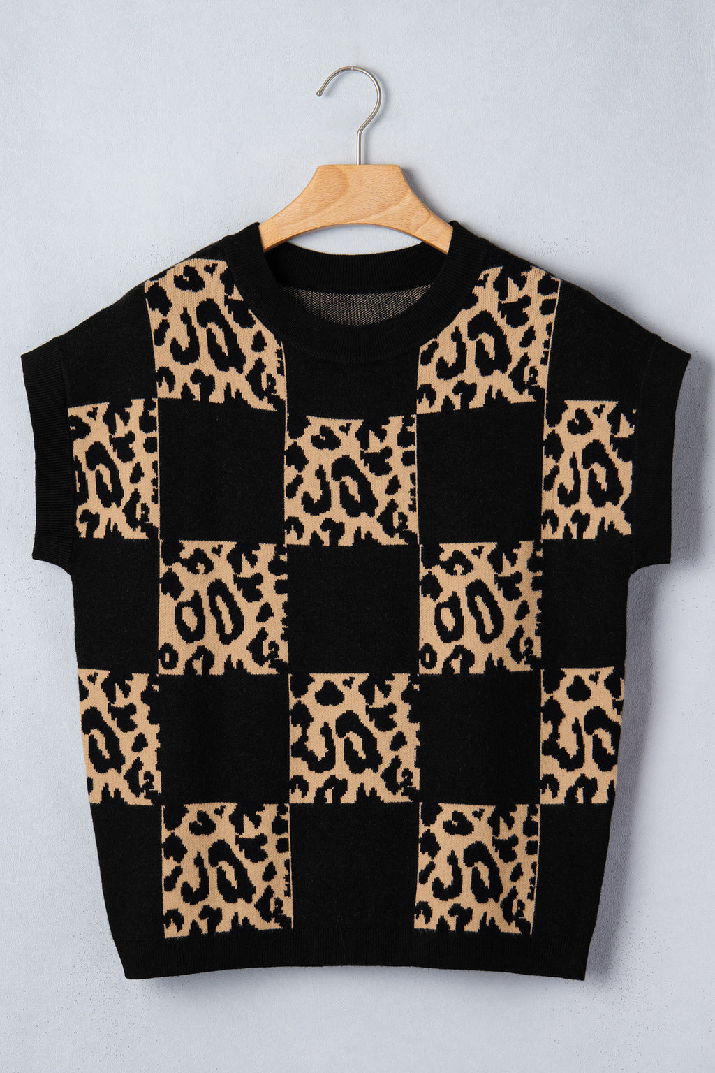 Rose Red Leopard Checkerboard Short Sleeve Knit Sweater