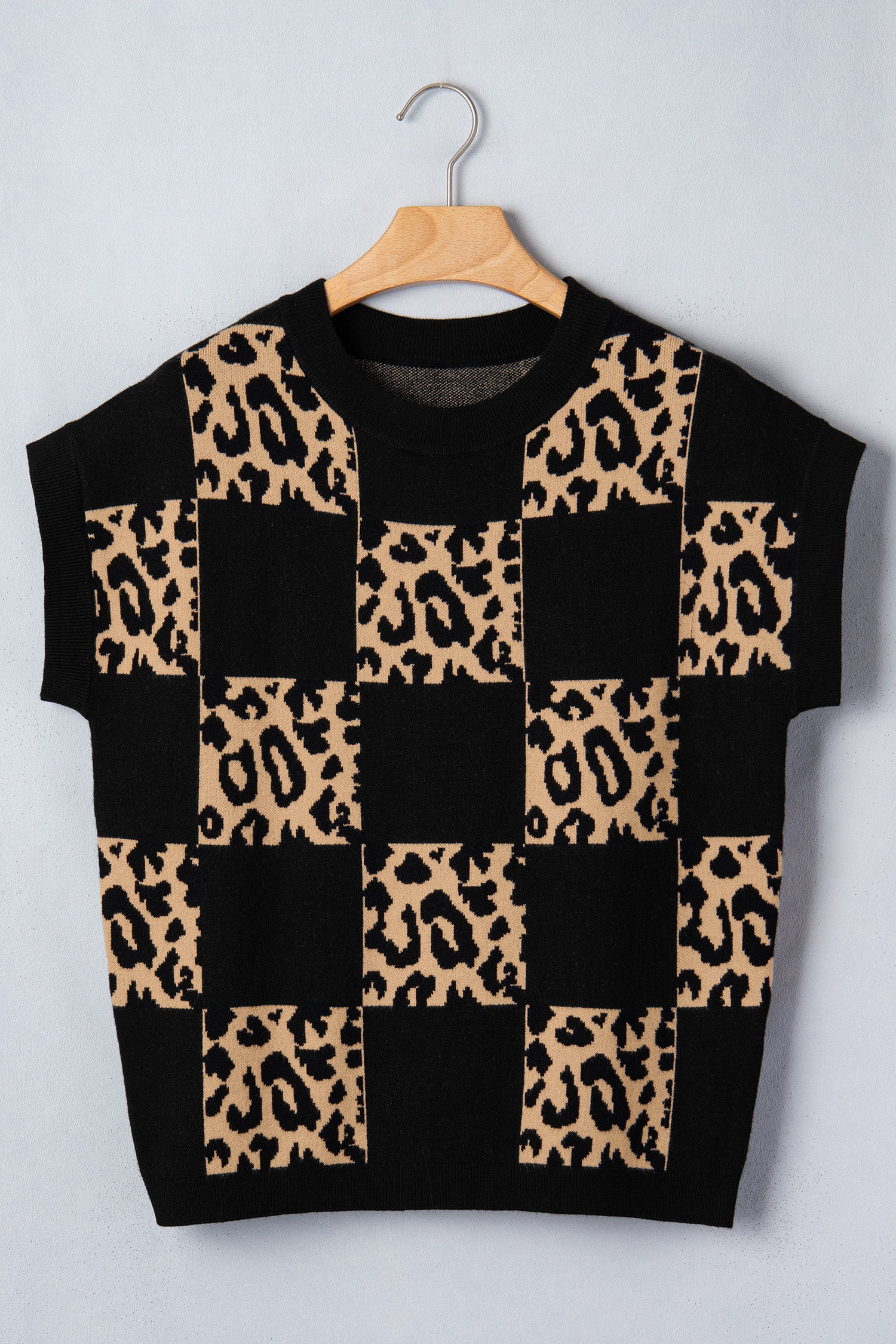 Rose Red Leopard Checkerboard Short Sleeve Knit Sweater