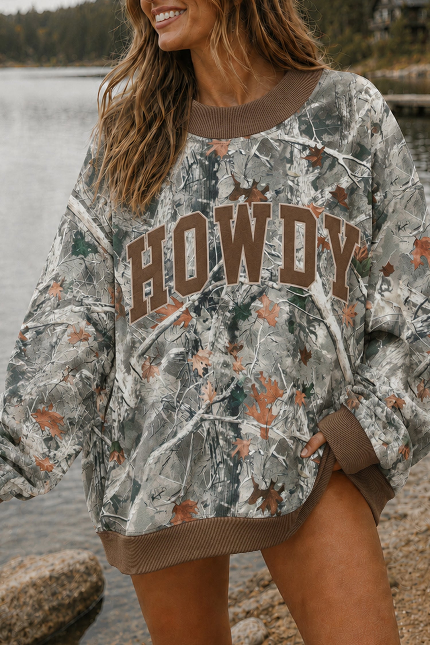 Beige Western Mallard Letter Print Baggy Pullover Sweatshirt