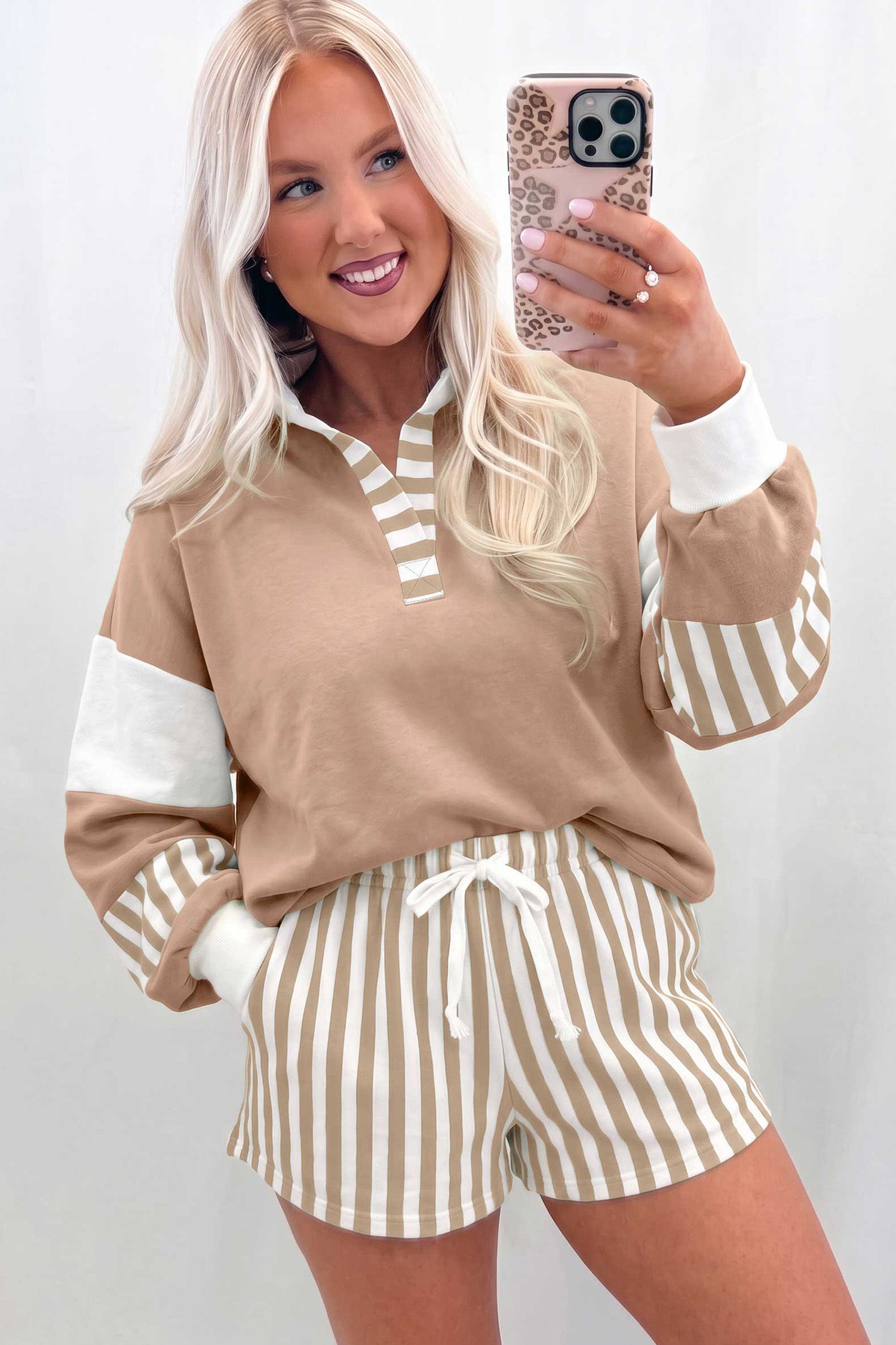 Smoke Green Striped Color Block Pullover Top Drawstring Shorts Set