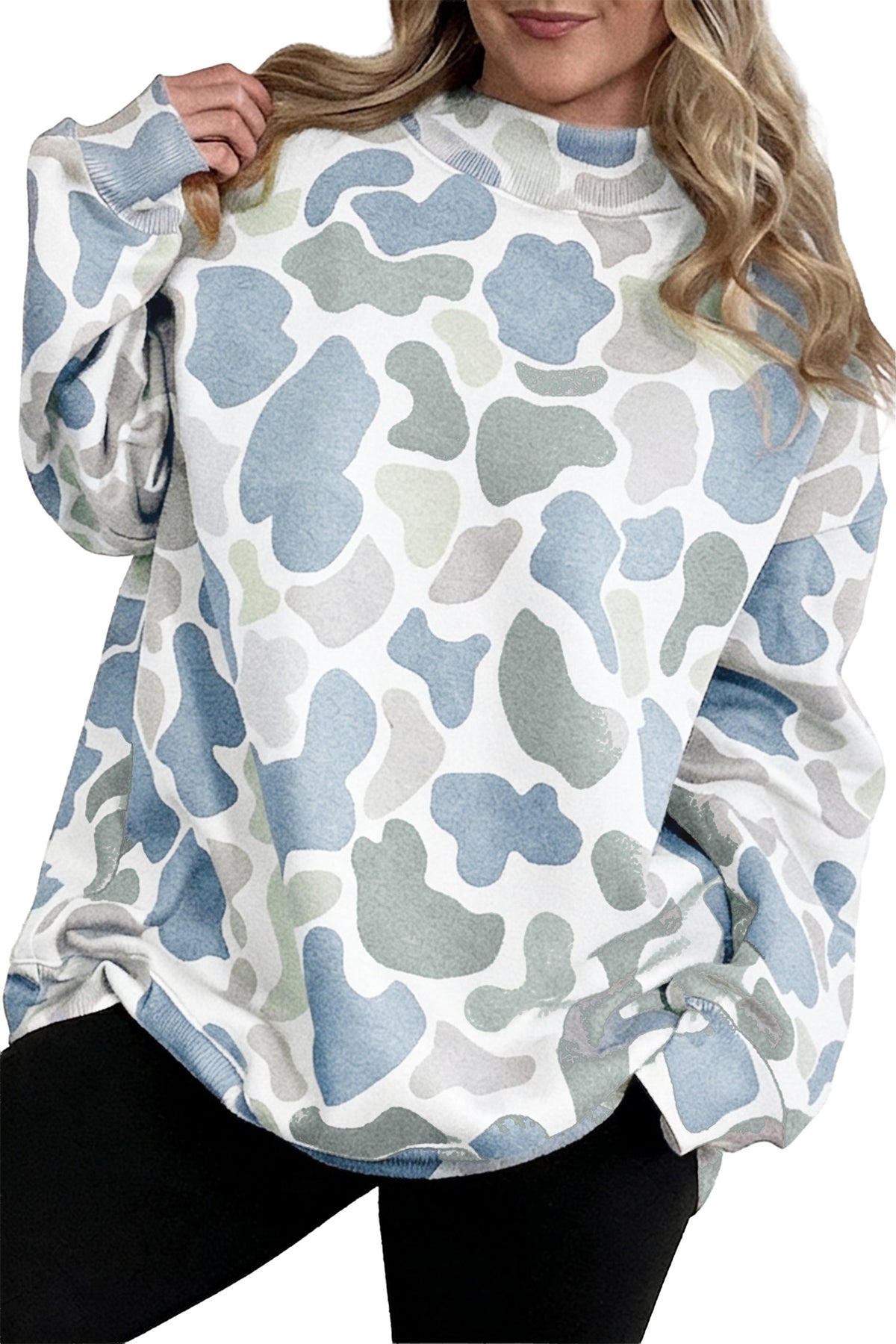 Sky Blue Camouflage Western Style Pullover Sweatshirt