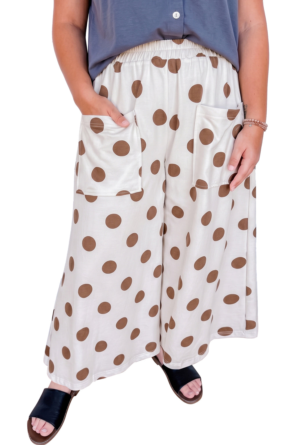 Sky Blue Polka Dot Elastic Waist Wide Leg Plus Size Pants
