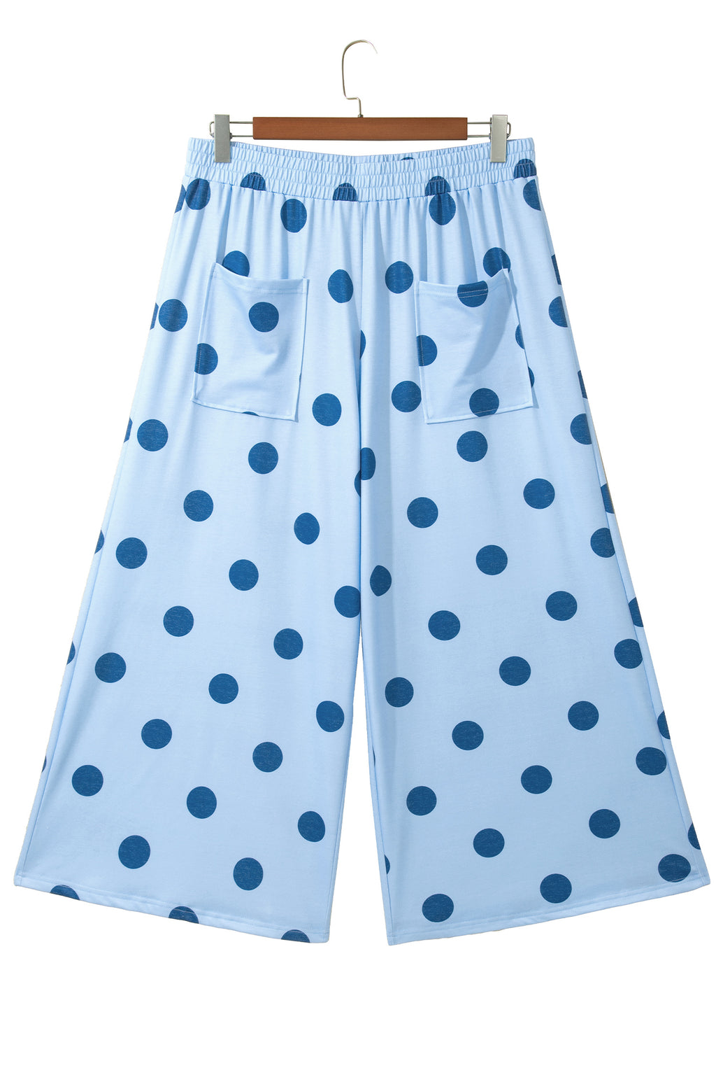 Sky Blue Polka Dot Elastic Waist Wide Leg Plus Size Pants