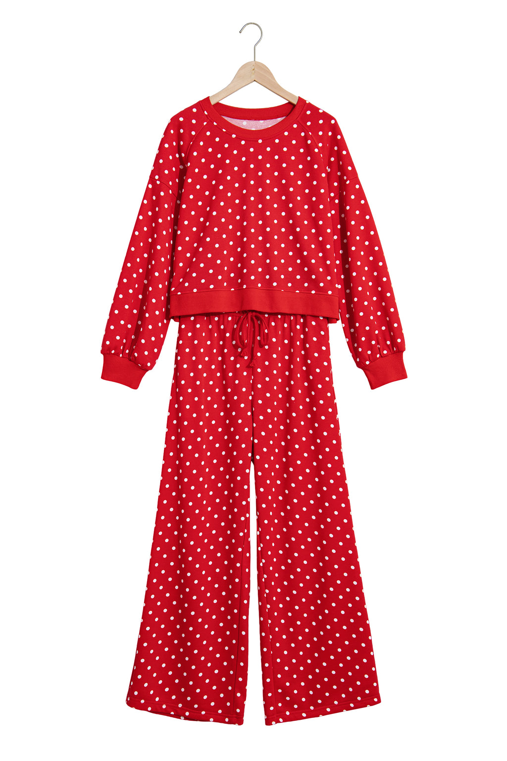Brown Polka Dot Drawstring Wide Leg Long Sleeve Top Pant Set