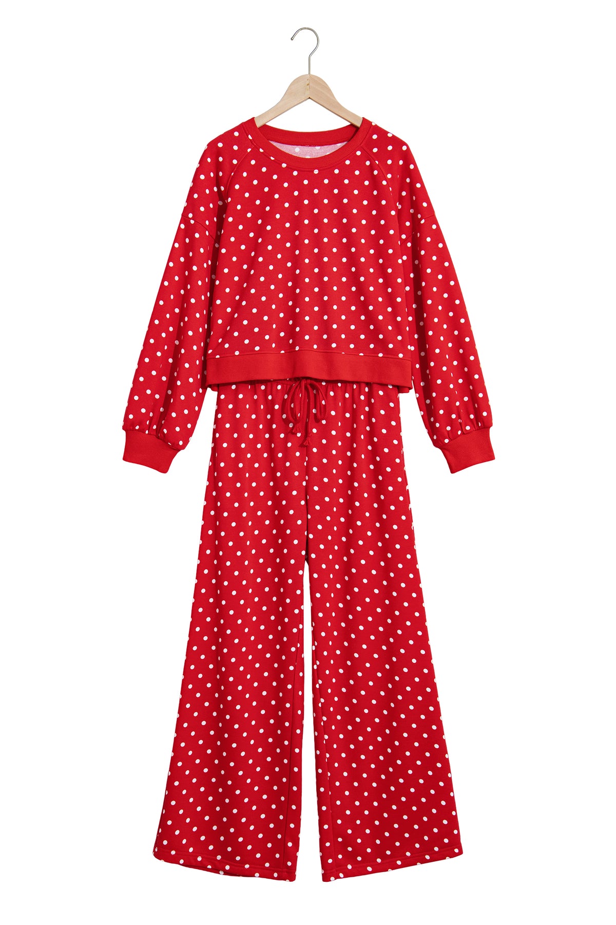 Brown Polka Dot Drawstring Wide Leg Long Sleeve Top Pant Set