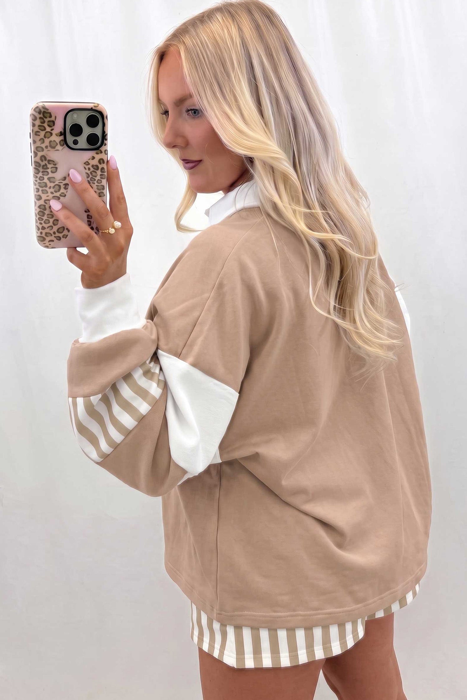 Smoke Green Striped Color Block Pullover Top Drawstring Shorts Set