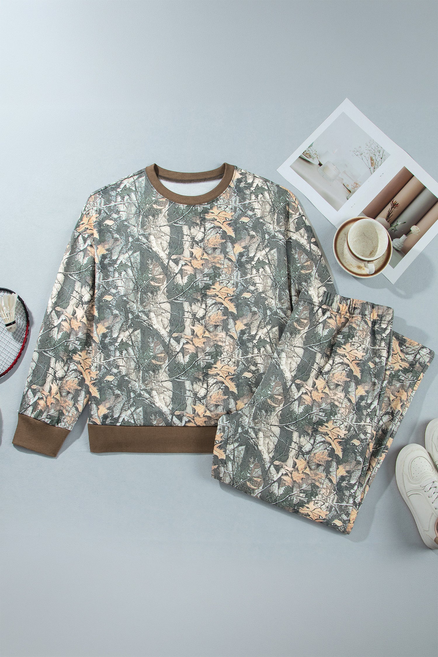 Brown Jungle Camouflage Print Ribbed Trim Long Sleeve Top Plus Size Pant Set