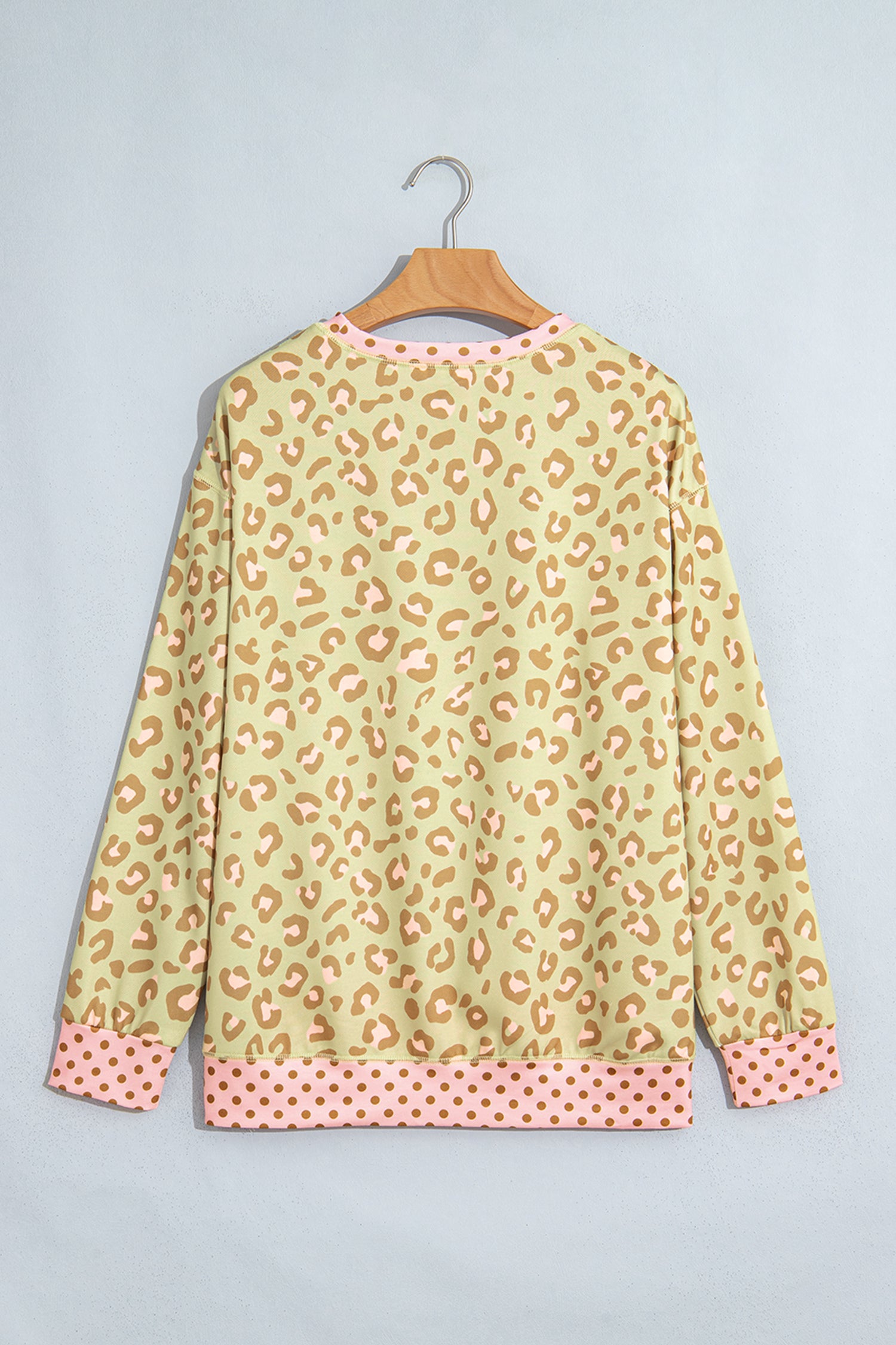 Pink Leopard Polka Dot Colorblock Trim Long Sleeve Top