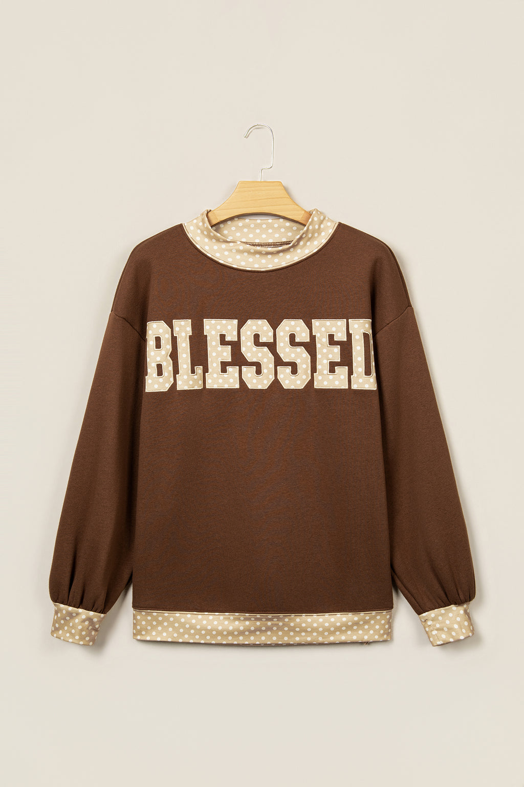 Coffee Polka Dot Trim High Neck BLESSED Letter Graphic Baggy Sweatshirt
