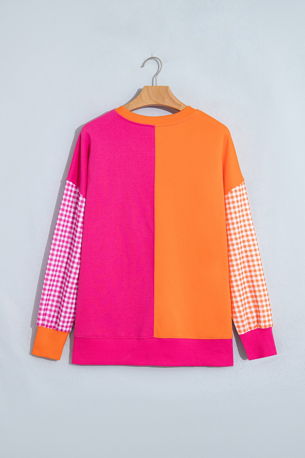 Light Blue Colorblock Gingham Sleeve Crewneck Sweatshirt