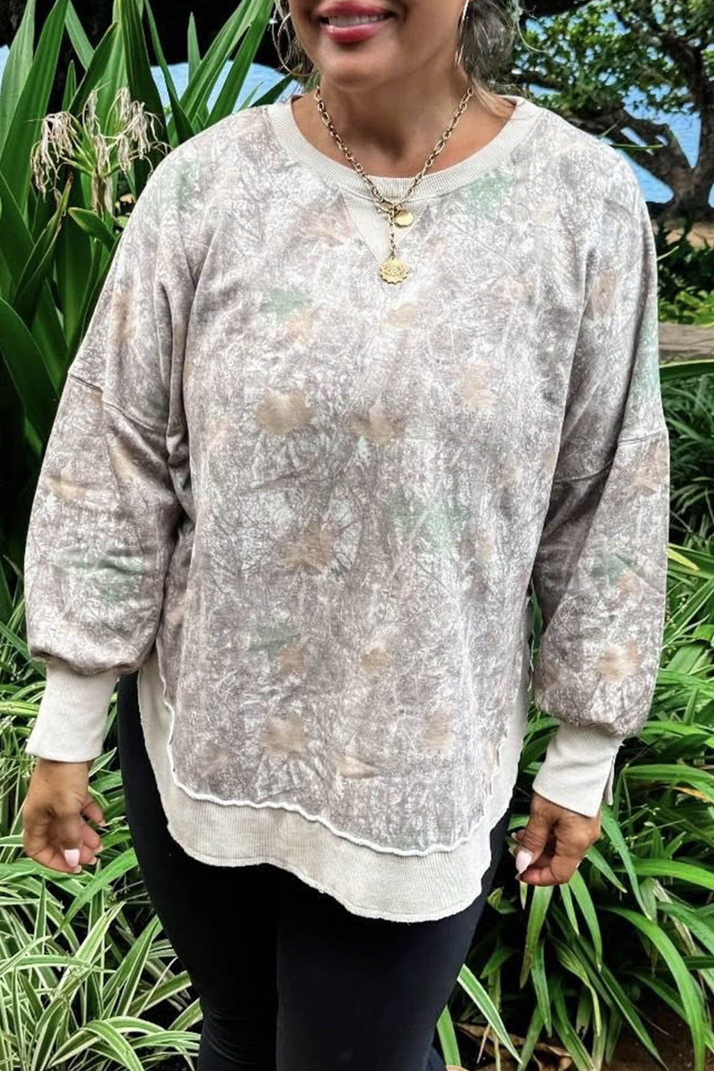 Khaki Camouflage Print Round Neck Long Sleeve Shift Plus Size Sweatshirt