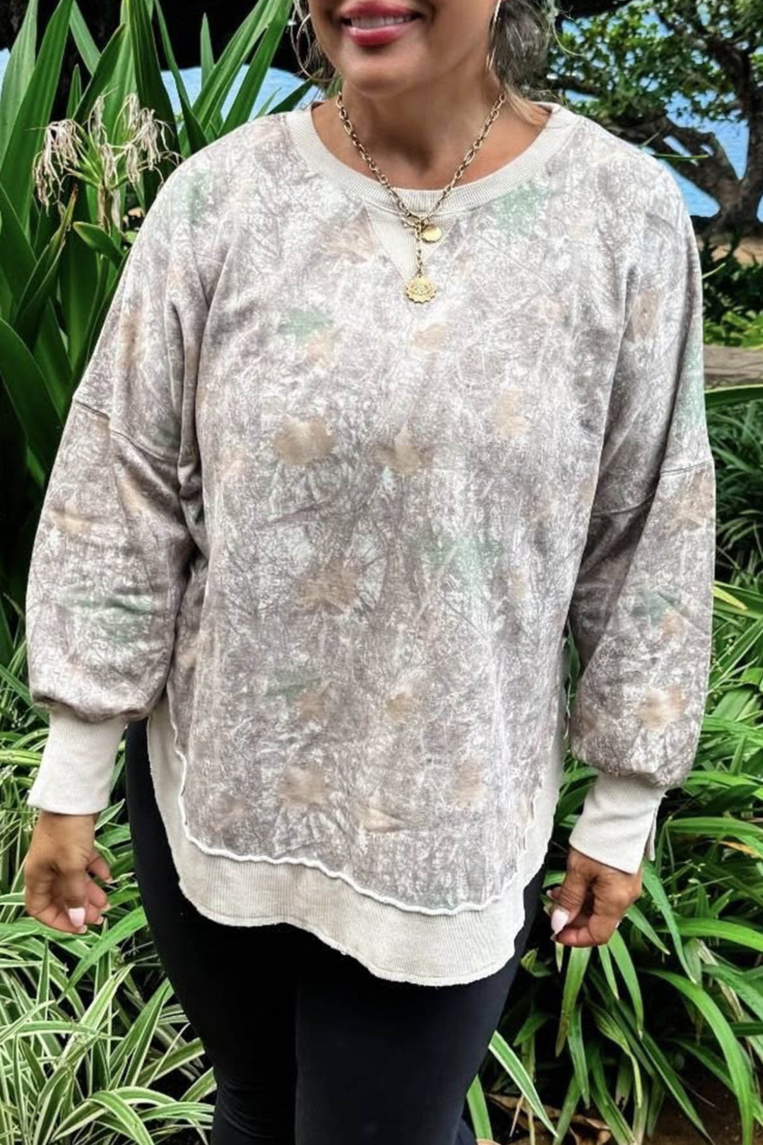 Khaki Camouflage Print Round Neck Long Sleeve Shift Plus Size Sweatshirt