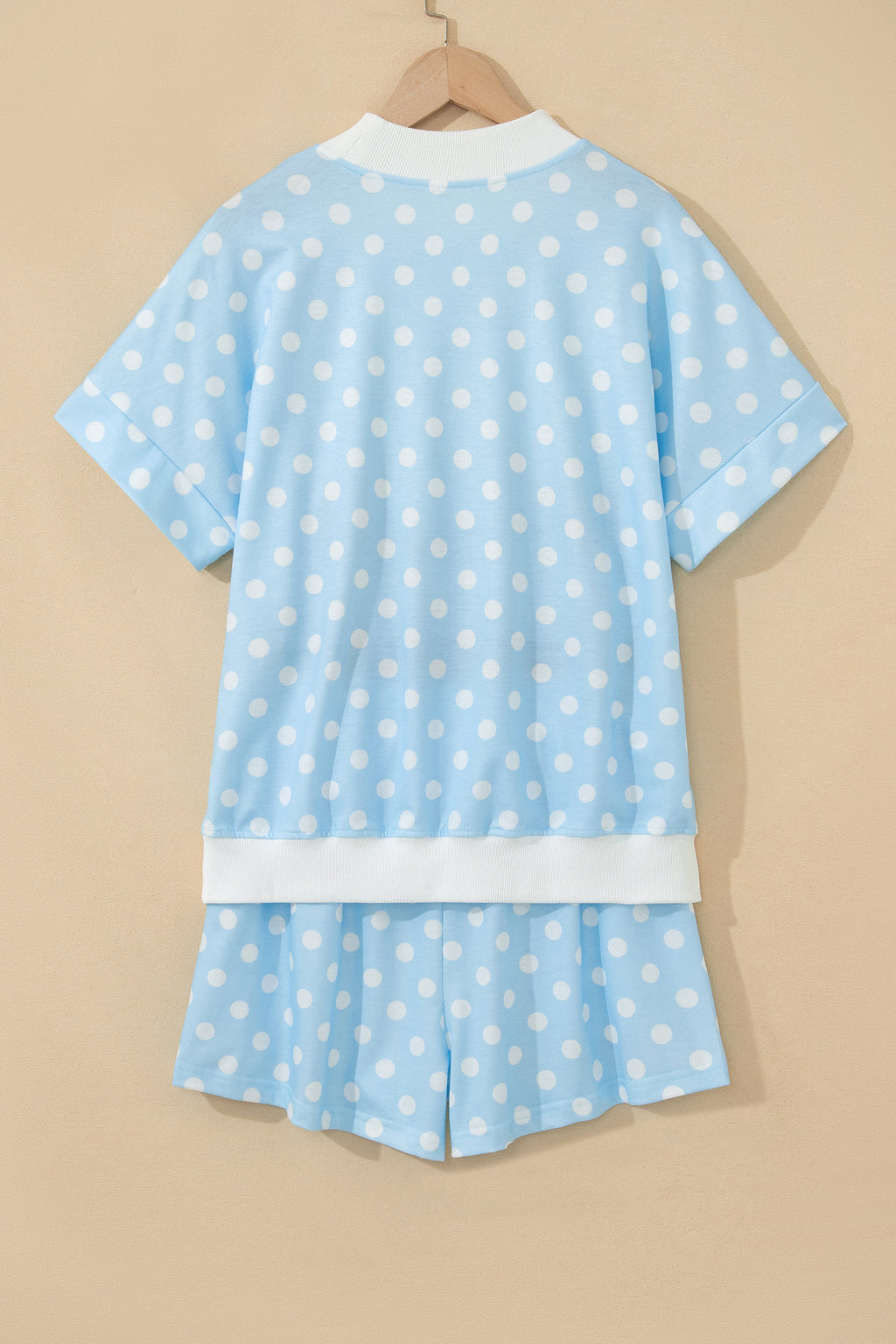 Pink Polka Dot Print Color Block Trim Mock Neck Short Set