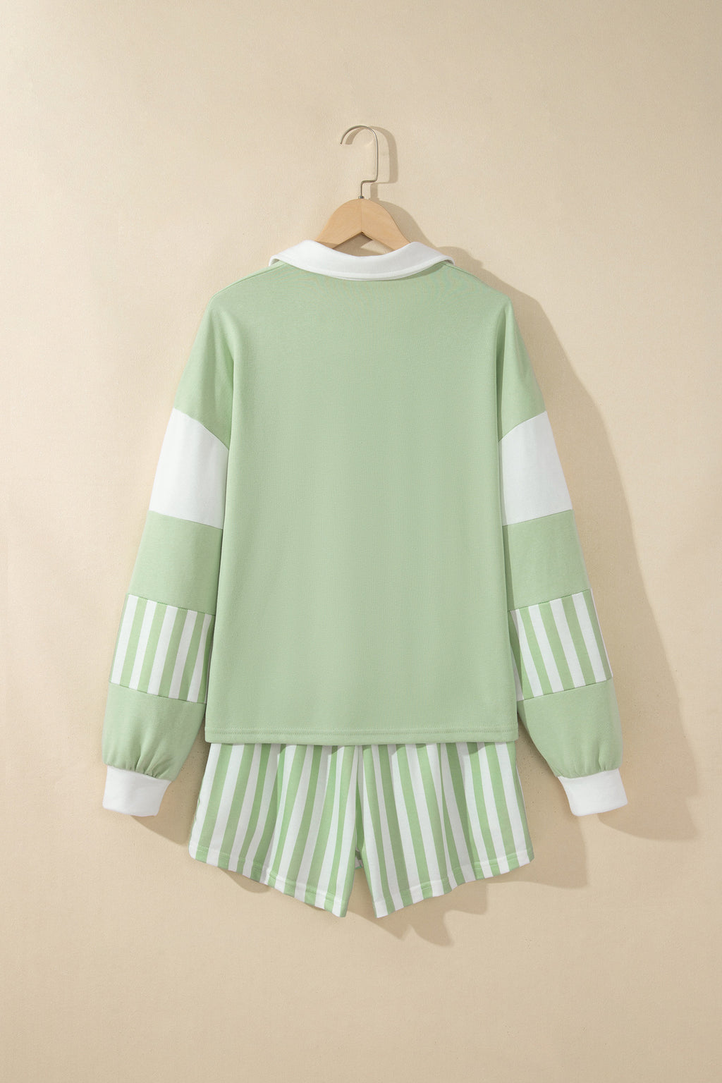 Smoke Green Striped Color Block Pullover Top Drawstring Shorts Set