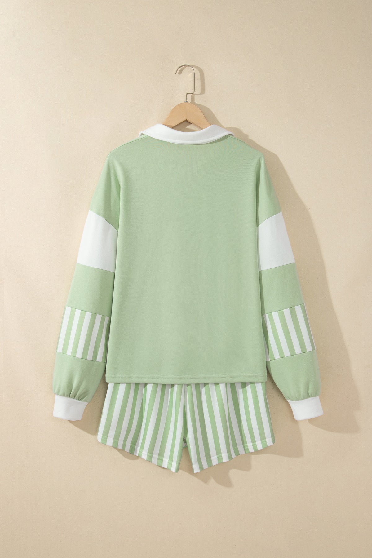 Smoke Green Striped Color Block Pullover Top Drawstring Shorts Set